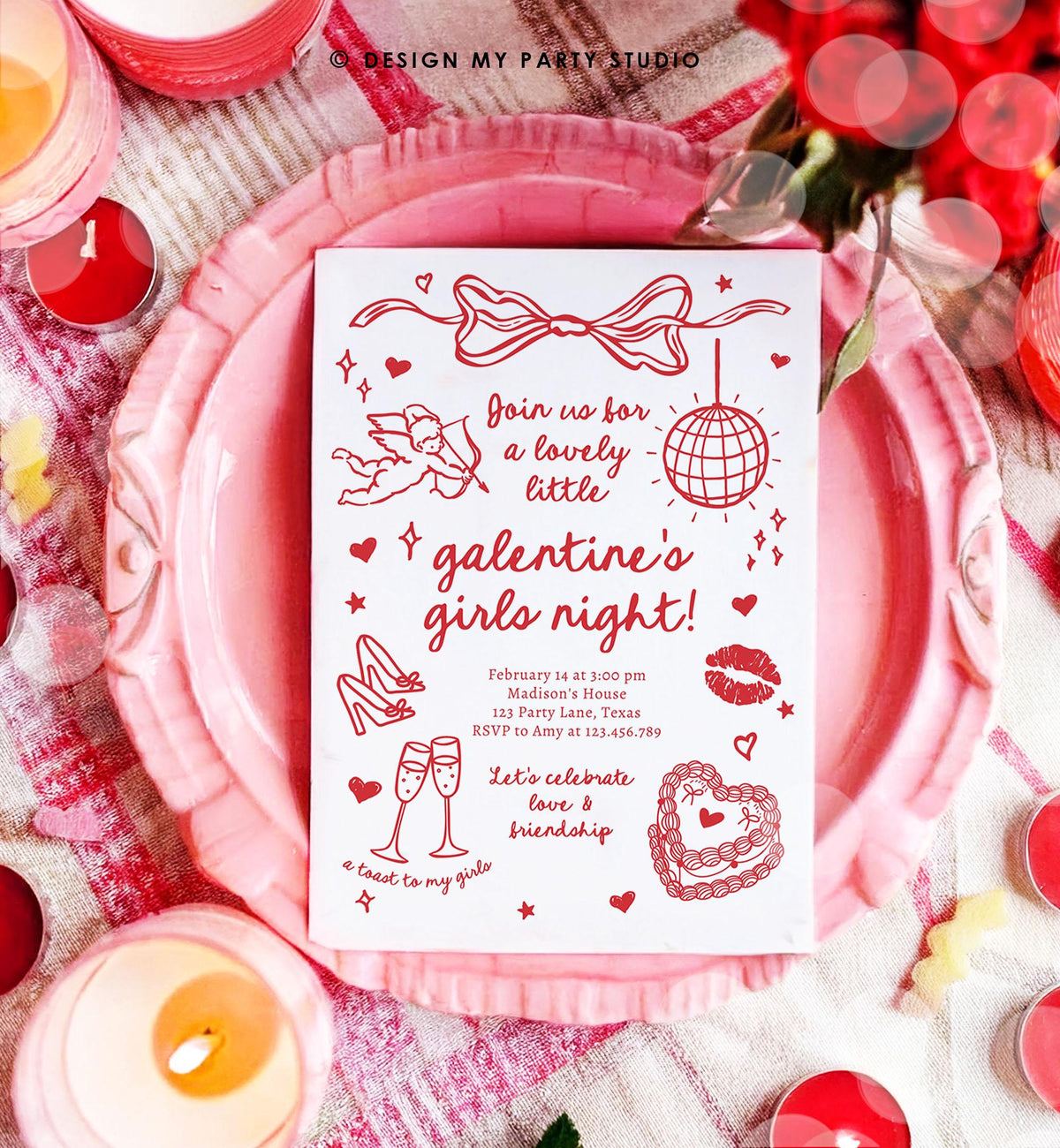 Editable Galentine&#39;s Day Invitation Galentines Girls Night Valentine Friends Hand Drawn Coquette Bow Cupid Evite Template Digital 0530