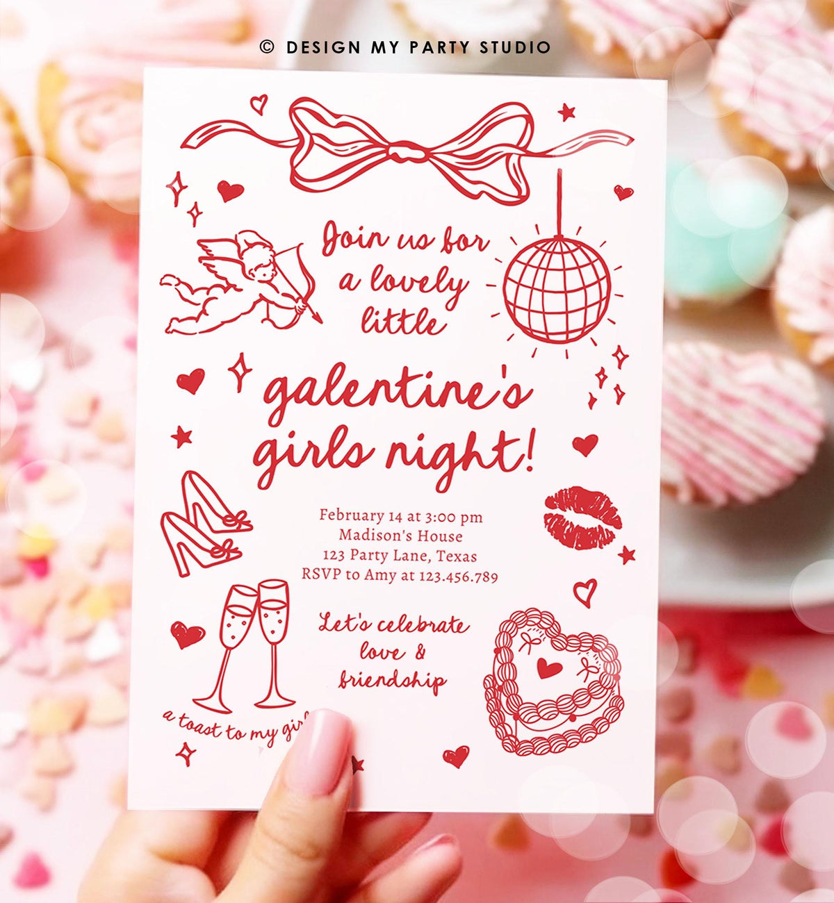 Editable Galentine&#39;s Day Invitation Galentines Girls Night Valentine Friends Hand Drawn Coquette Bow Cupid Evite Template Digital 0530
