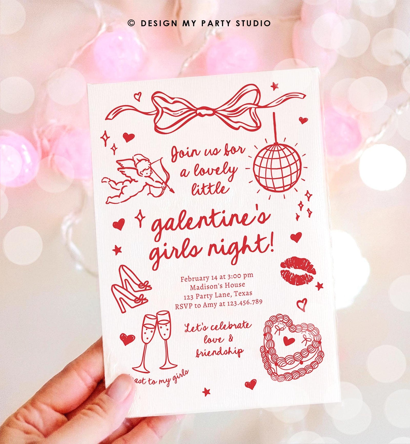 Editable Galentine's Day Invitation Galentines Girls Night Valentine Friends Hand Drawn Coquette Bow Cupid Evite Template Digital 0530