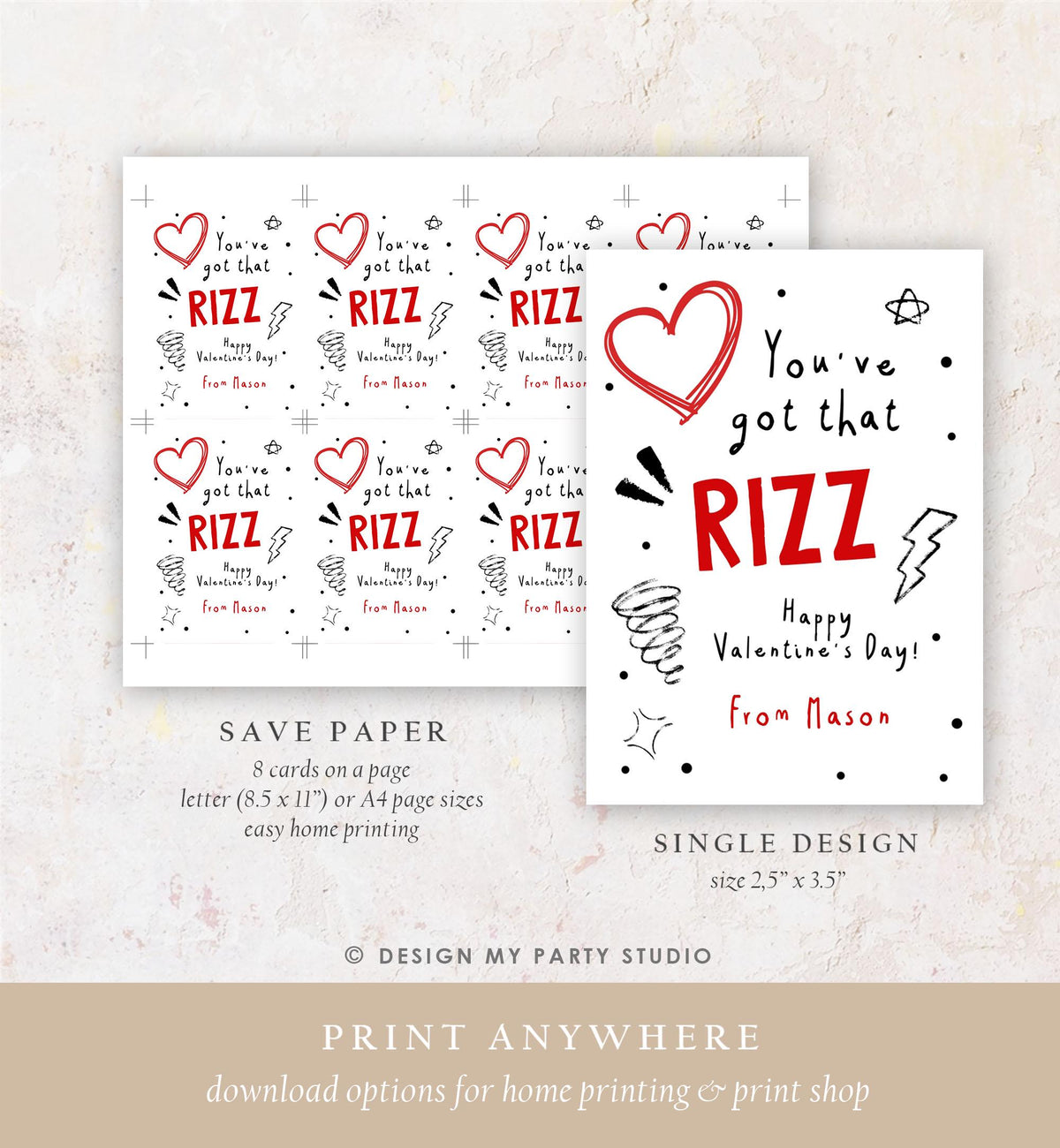 Editable Funny Valentine&#39;s Day Card Slang Valentine Kids Rizz Teen Boys Tween Tag Kids School Classroom Card Digital Template Printable 0370