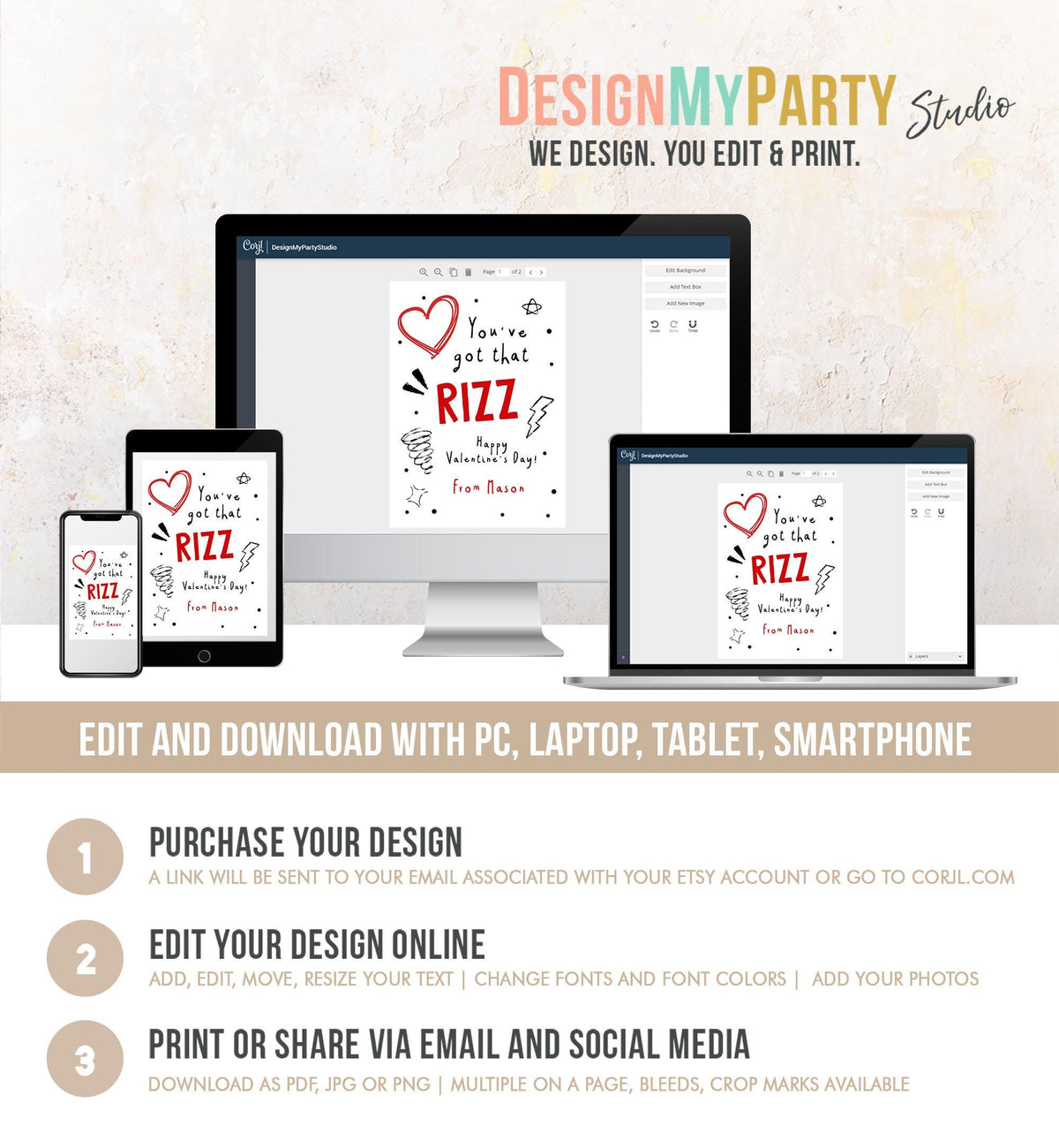 Editable Funny Valentine&#39;s Day Card Slang Valentine Kids Rizz Teen Boys Tween Tag Kids School Classroom Card Digital Template Printable 0370