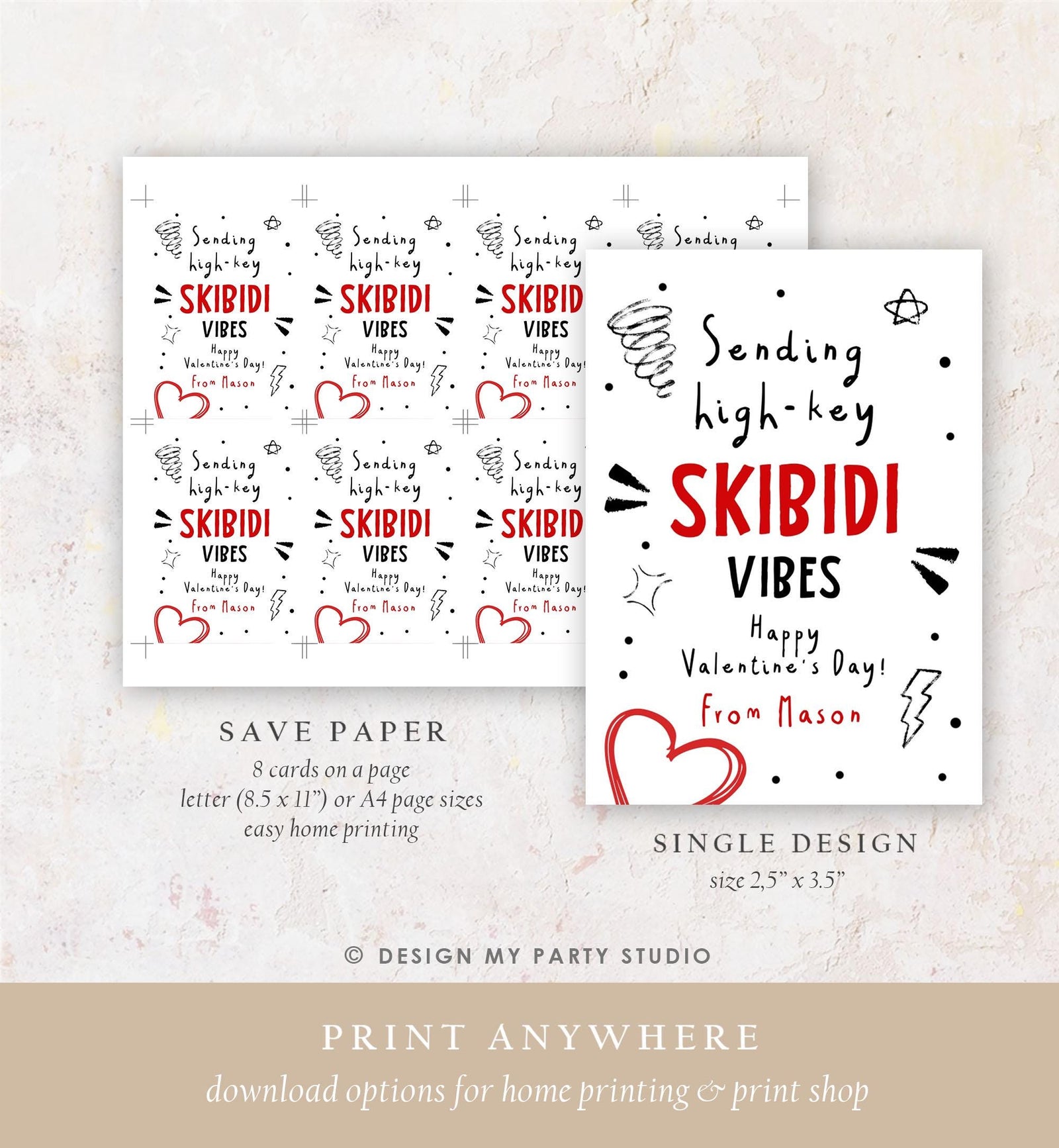 Editable Funny Valentine's Day Card Slang Valentine Kids Skibidi Teen Boys Tween Tag Kids School Classroom Digital Template Printable 0370