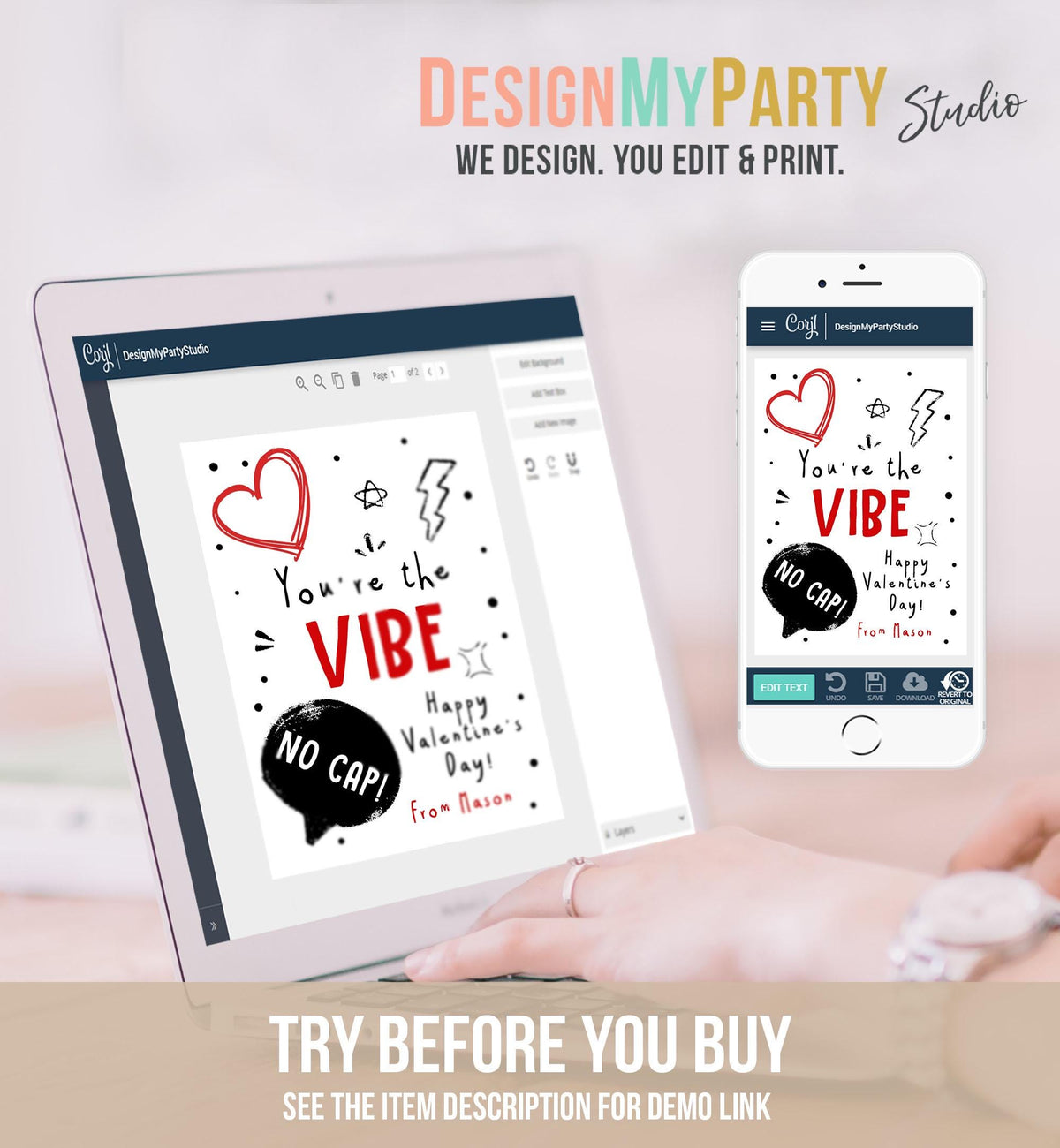 Editable Funny Valentine&#39;s Day Card Slang Valentine Kids Vibe Cap Teen Boys Tween Tag Kids School Classroom Digital Template Printable 0370