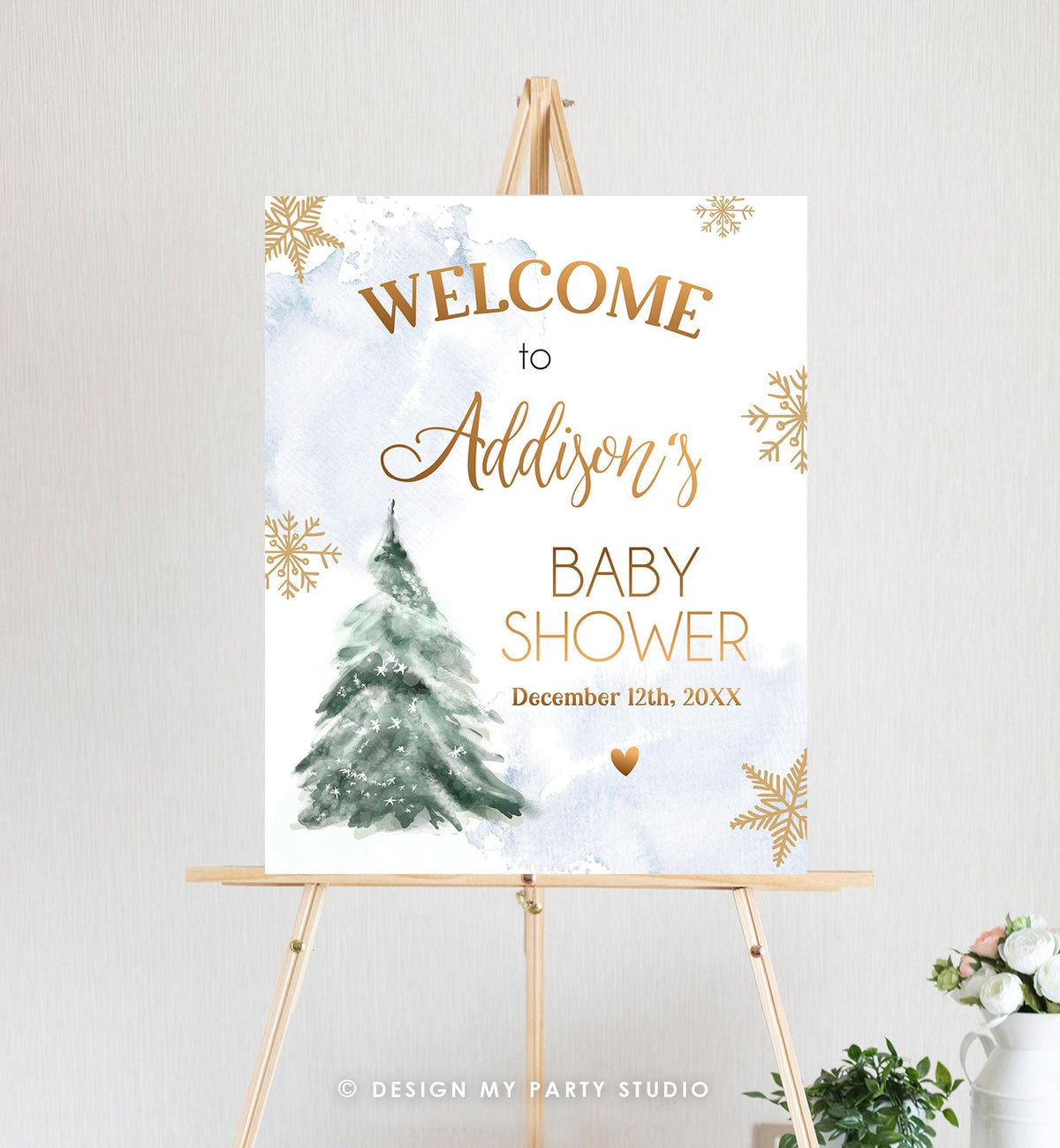 Editable Winter Tree Welcome Sign Tree Watercolor Baby Shower Boy Baby It&#39;s Cold Outside Snowflake Blue Gold Digital Template Printable 0363
