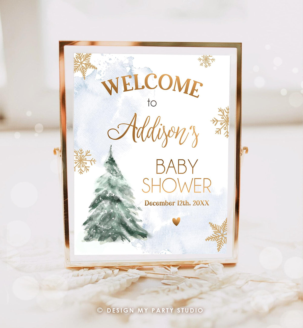 Editable Winter Tree Welcome Sign Tree Watercolor Baby Shower Boy Baby It&#39;s Cold Outside Snowflake Blue Gold Digital Template Printable 0363