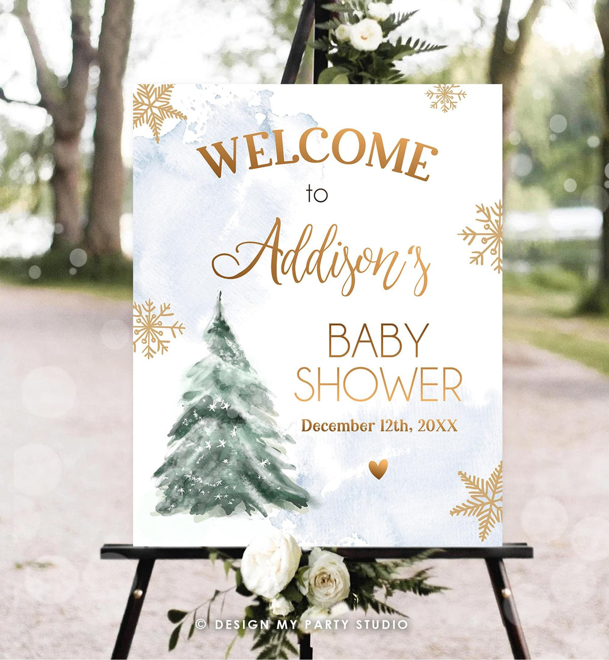 Editable Winter Tree Welcome Sign Tree Watercolor Baby Shower Boy Baby It&#39;s Cold Outside Snowflake Blue Gold Digital Template Printable 0363