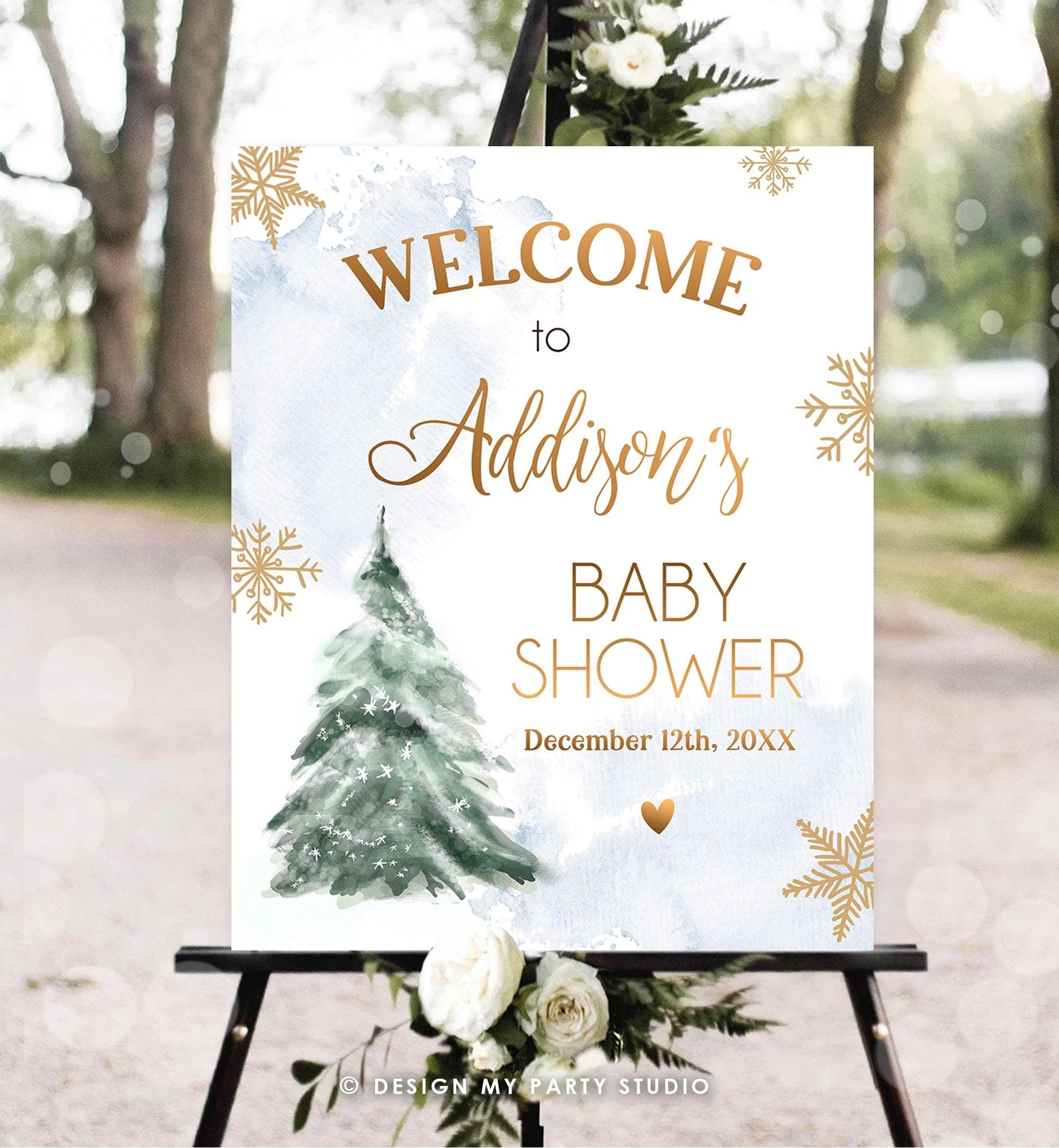 Editable Winter Tree Welcome Sign Tree Watercolor Baby Shower Boy Baby It's Cold Outside Snowflake Blue Gold Digital Template Printable 0363