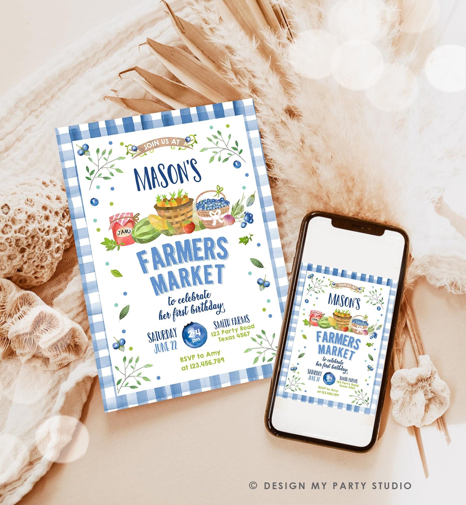 Editable Farmers Market Birthday Invitation Blueberry Strawberry Farm Party Fruits Market Home Grown Digital Evite Template Printable 0144
