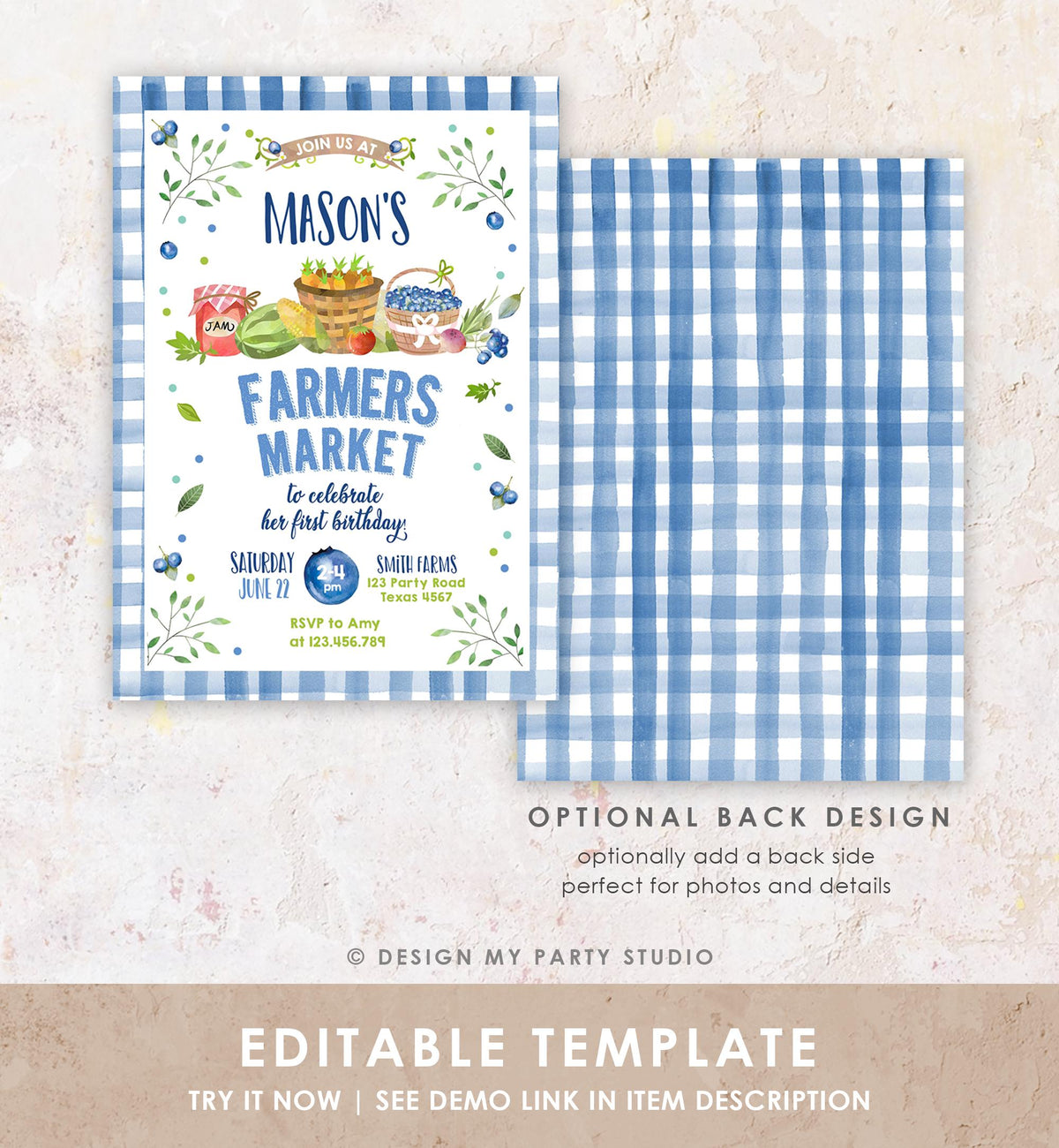 Editable Farmers Market Birthday Invitation Blueberry Strawberry Farm Party Fruits Market Home Grown Digital Evite Template Printable 0144