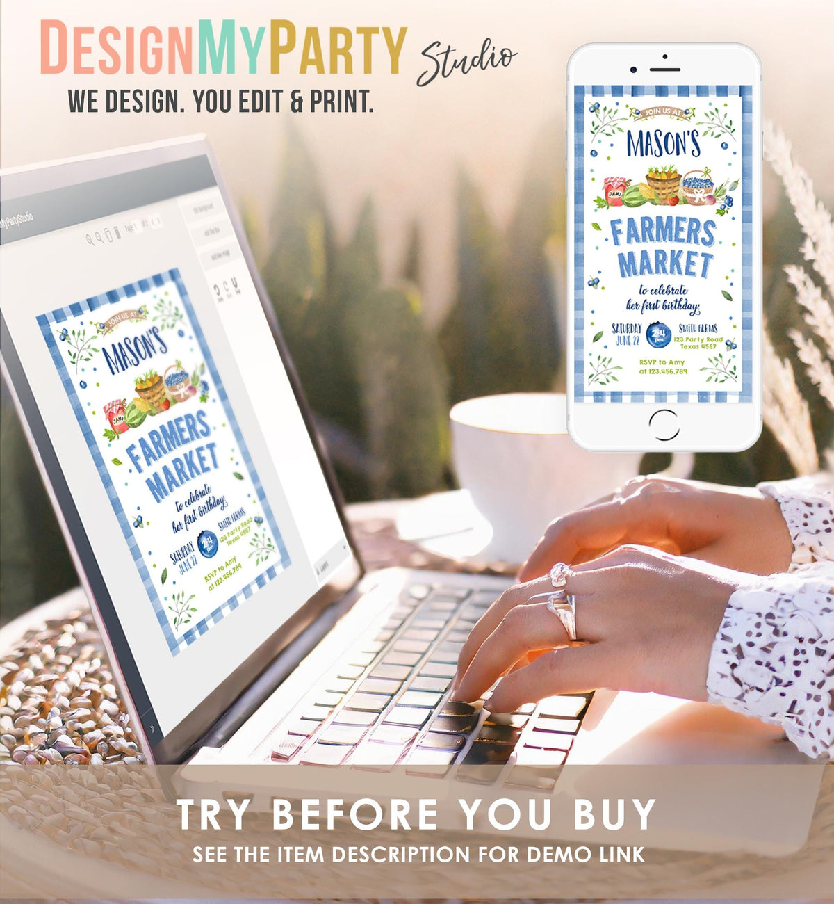 Editable Farmers Market Birthday Invitation Blueberry Strawberry Farm Fruits Market Home Grown Digital Evite Electronic Phone Template 0144