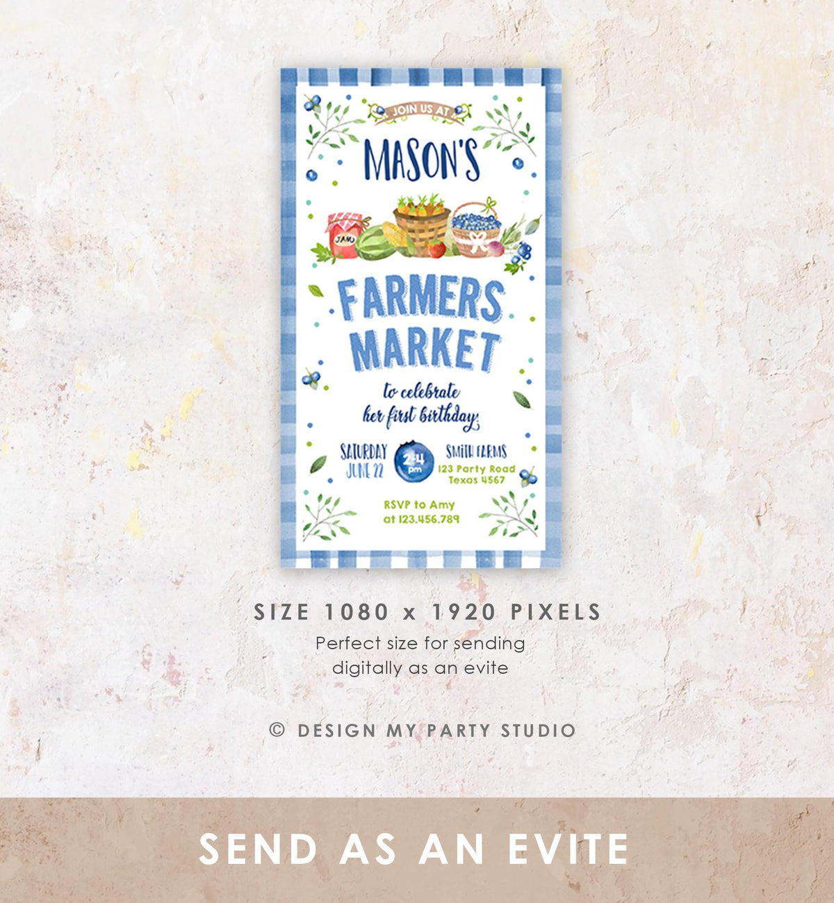 Editable Farmers Market Birthday Invitation Blueberry Strawberry Farm Fruits Market Home Grown Digital Evite Electronic Phone Template 0144