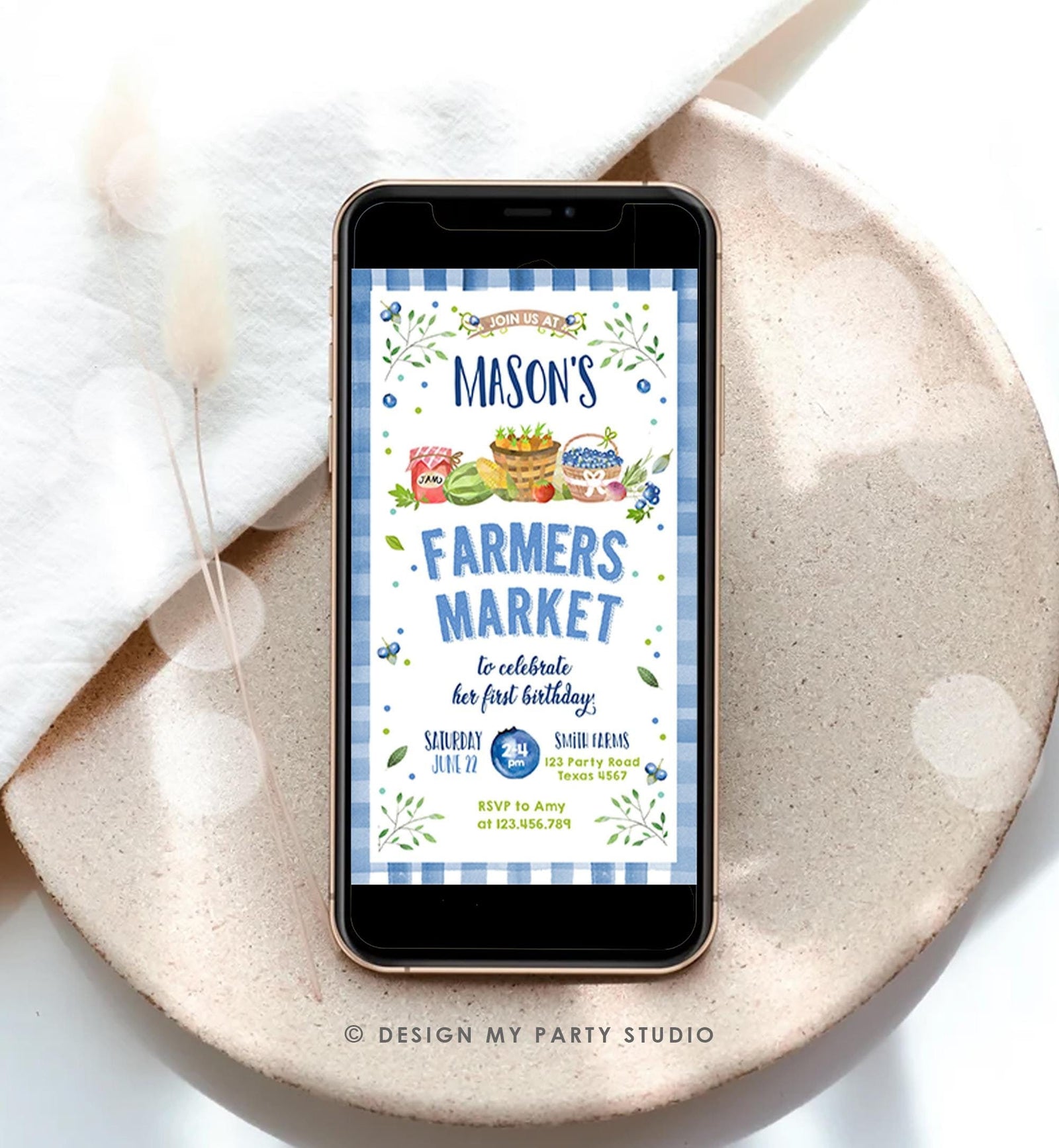Editable Farmers Market Birthday Invitation Blueberry Strawberry Farm Fruits Market Home Grown Digital Evite Electronic Phone Template 0144