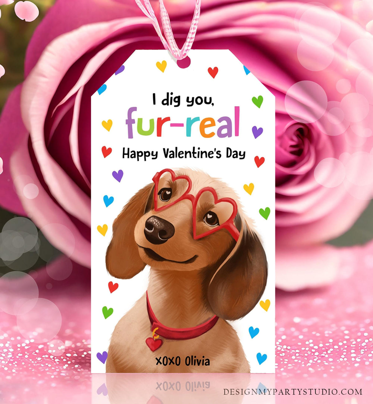 Editable Valentine&#39;s Day Tag Dig You Fur-real Dog Valentine Gift Tag Puppy Kids School Classroom Funny Card Digital Template Printable 0370
