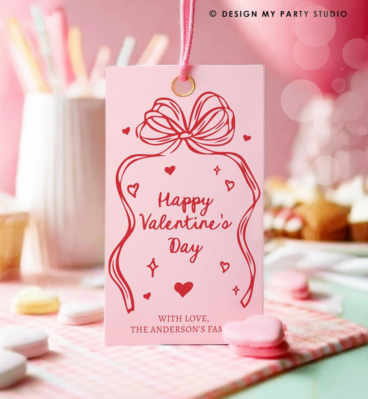Editable Valentine&#39;s Day Tag Pink Red Bow Valentine Gift Tag Doodle Hand Drawn Coquette Kids Teacher Digital Template Printable 0370 0530