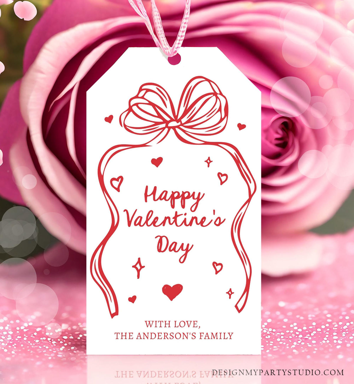 Editable Valentine&#39;s Day Tag Pink Red Bow Valentine Gift Tag Doodle Hand Drawn Coquette Kids Teacher Digital Template Printable 0370 0530