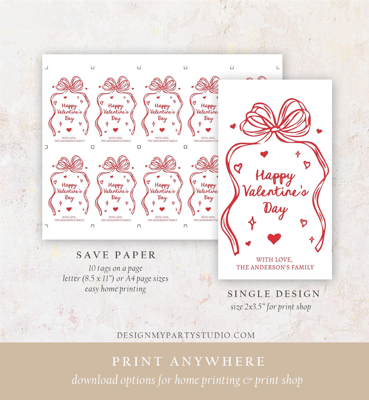 Editable Valentine&#39;s Day Tag Pink Red Bow Valentine Gift Tag Doodle Hand Drawn Coquette Kids Teacher Digital Template Printable 0370 0530