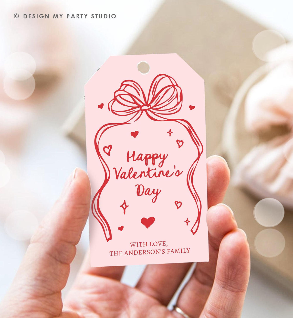 Editable Valentine&#39;s Day Tag Pink Red Bow Valentine Gift Tag Doodle Hand Drawn Coquette Kids Teacher Digital Template Printable 0370 0530