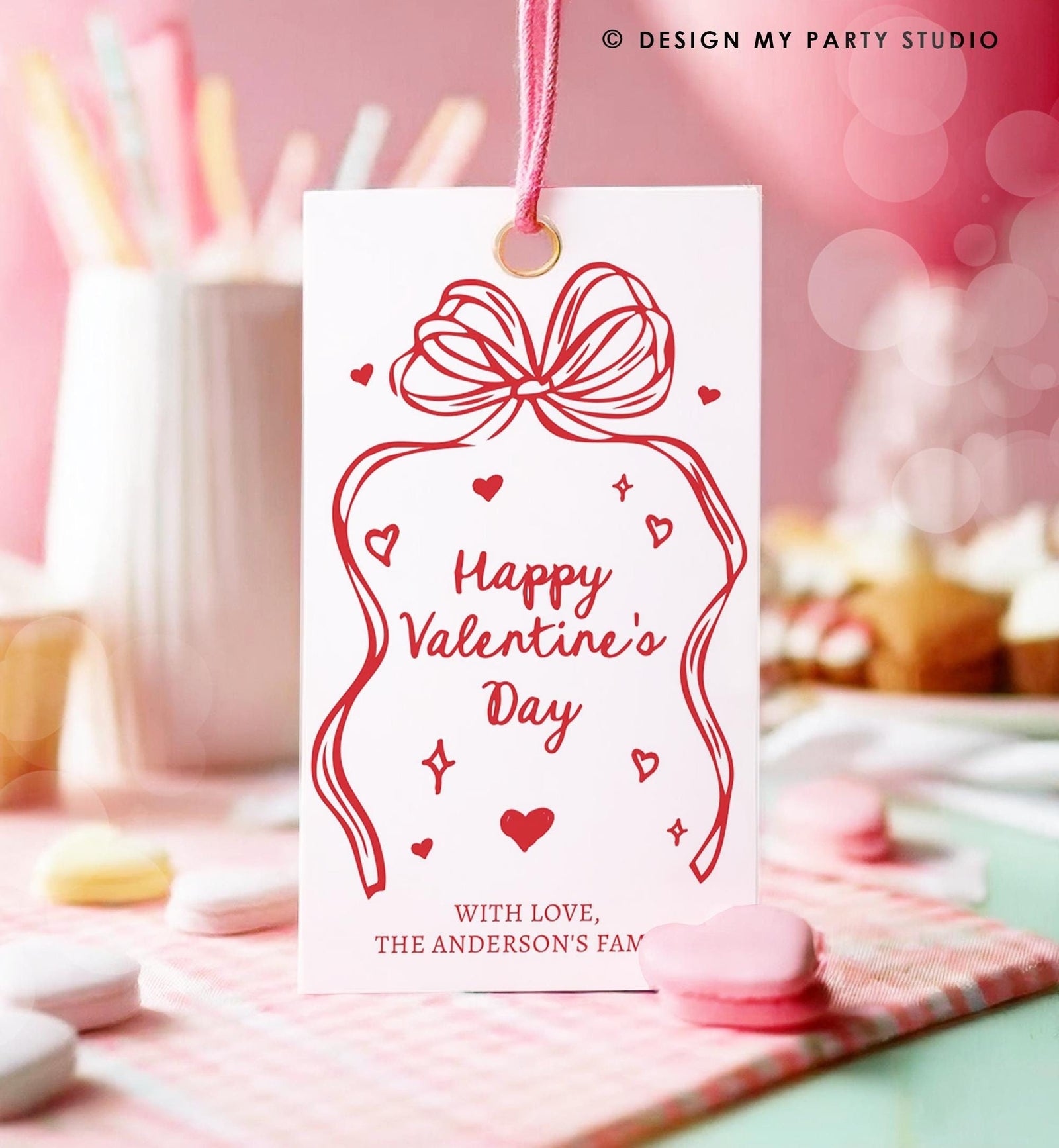 Editable Valentine's Day Tag Pink Red Bow Valentine Gift Tag Doodle Hand Drawn Coquette Kids Teacher Digital Template Printable 0370 0530
