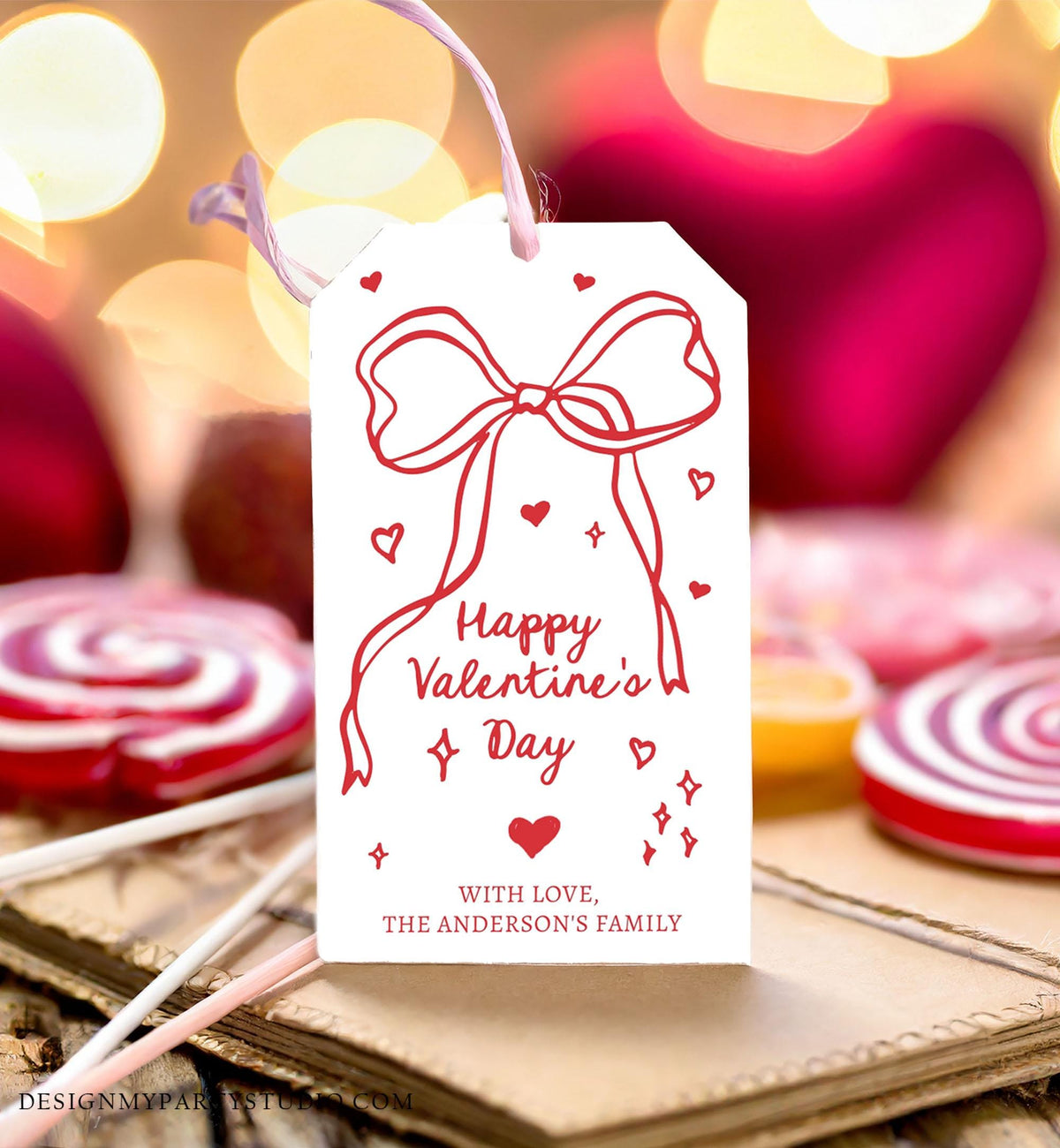 Editable Valentine&#39;s Day Tag Pink Red Bow Valentine Gift Tag Doodle Hand Drawn Coquette Kids Teacher Digital Template Printable 0370 0530