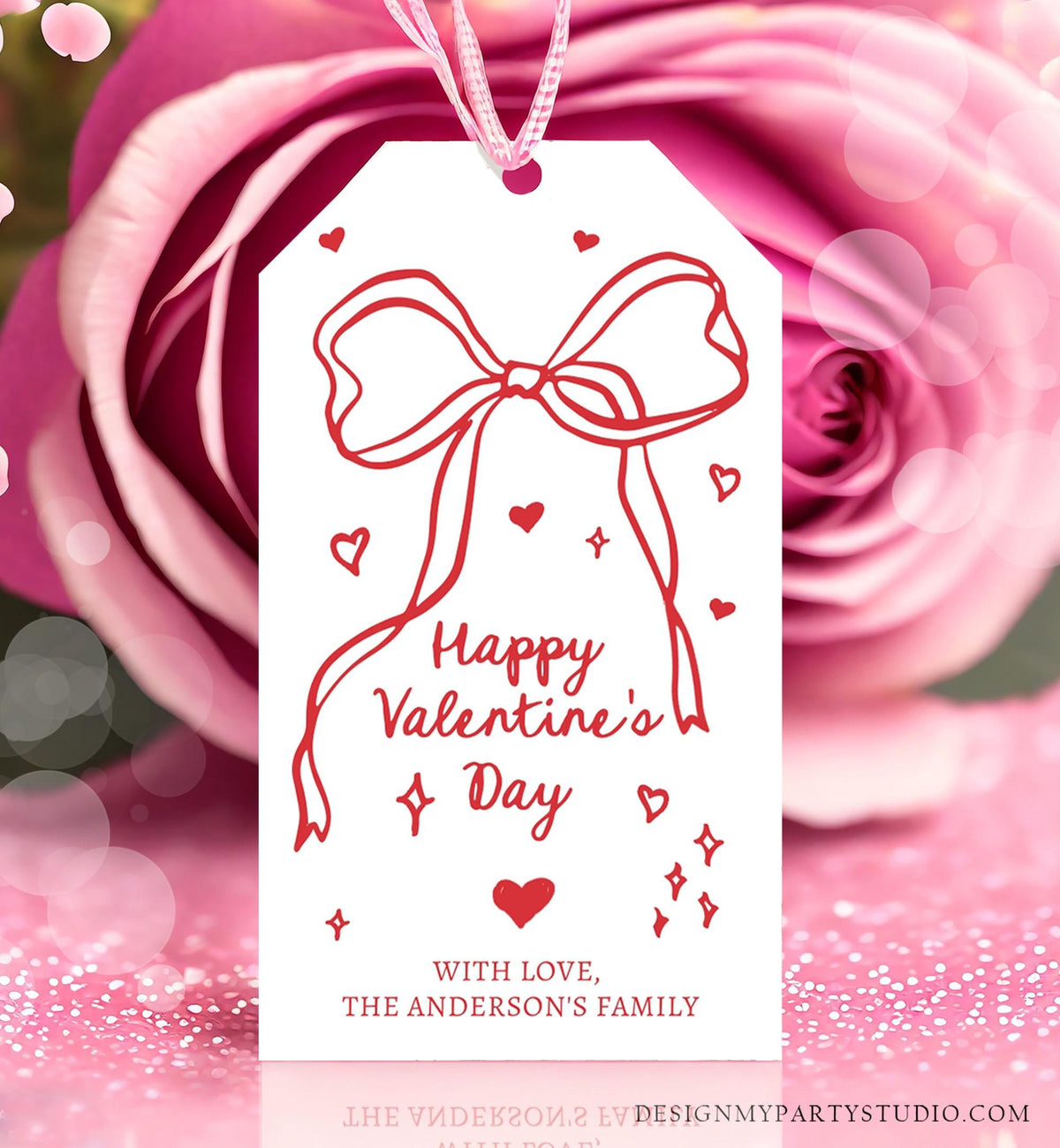 Editable Valentine&#39;s Day Tag Pink Red Bow Valentine Gift Tag Doodle Hand Drawn Coquette Kids Teacher Digital Template Printable 0370 0530