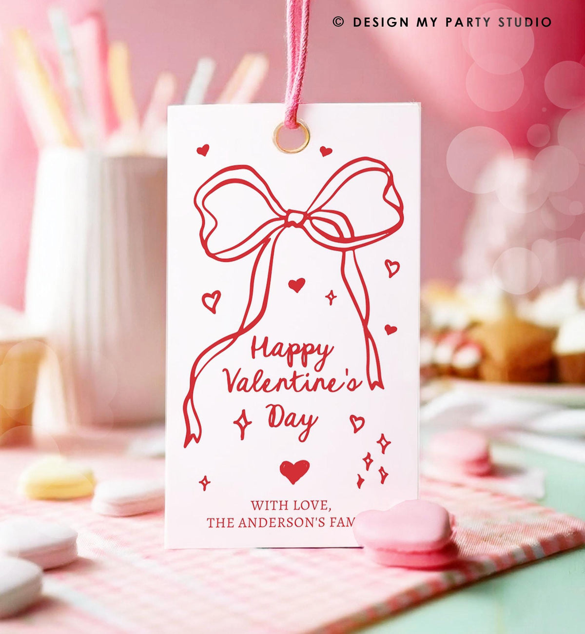 Editable Valentine&#39;s Day Tag Pink Red Bow Valentine Gift Tag Doodle Hand Drawn Coquette Kids Teacher Digital Template Printable 0370 0530