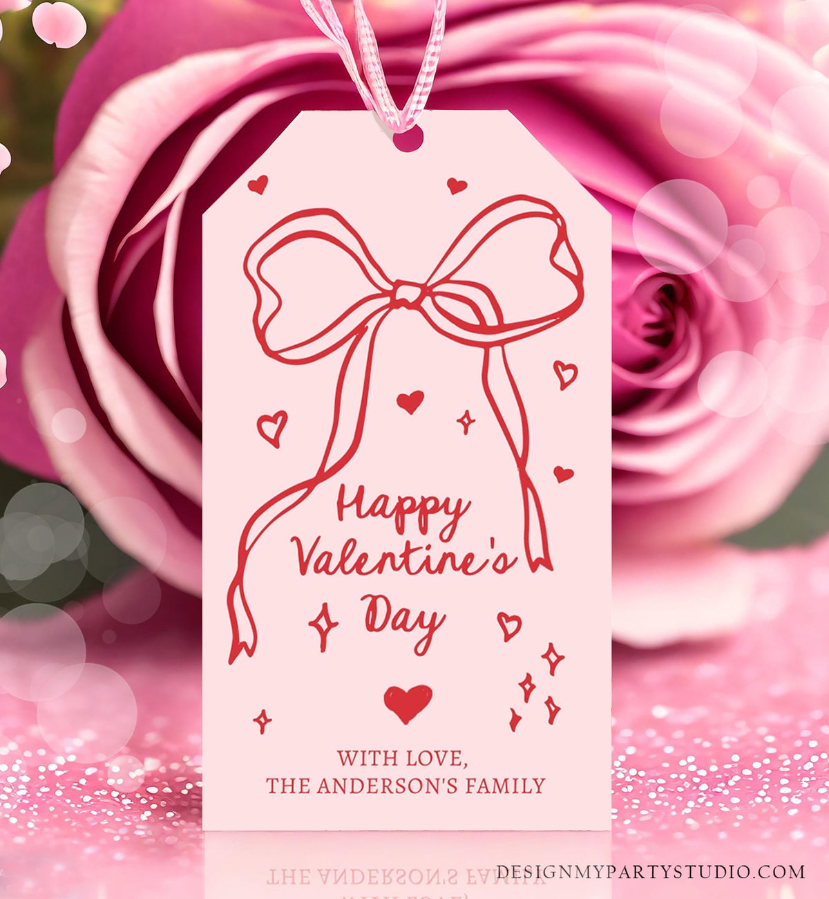 Editable Valentine&#39;s Day Tag Pink Red Bow Valentine Gift Tag Doodle Hand Drawn Coquette Kids Teacher Digital Template Printable 0370 0530