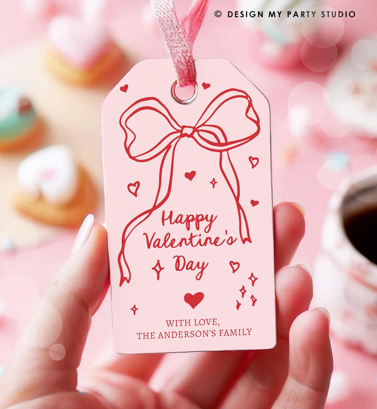 Editable Valentine&#39;s Day Tag Pink Red Bow Valentine Gift Tag Doodle Hand Drawn Coquette Kids Teacher Digital Template Printable 0370 0530