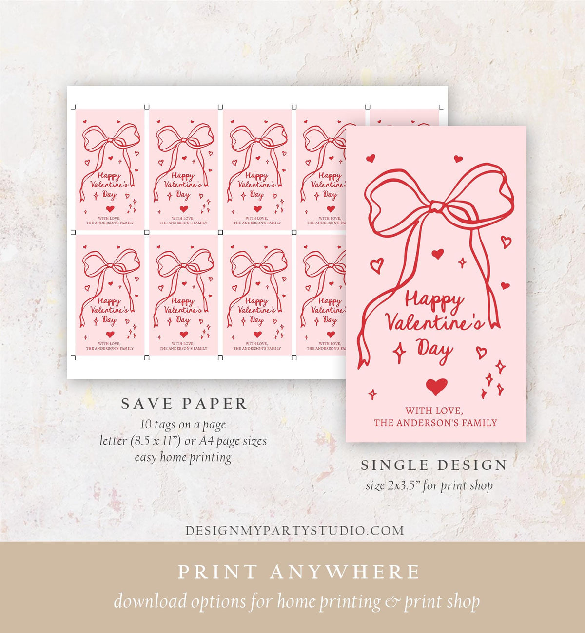 Editable Valentine&#39;s Day Tag Pink Red Bow Valentine Gift Tag Doodle Hand Drawn Coquette Kids Teacher Digital Template Printable 0370 0530