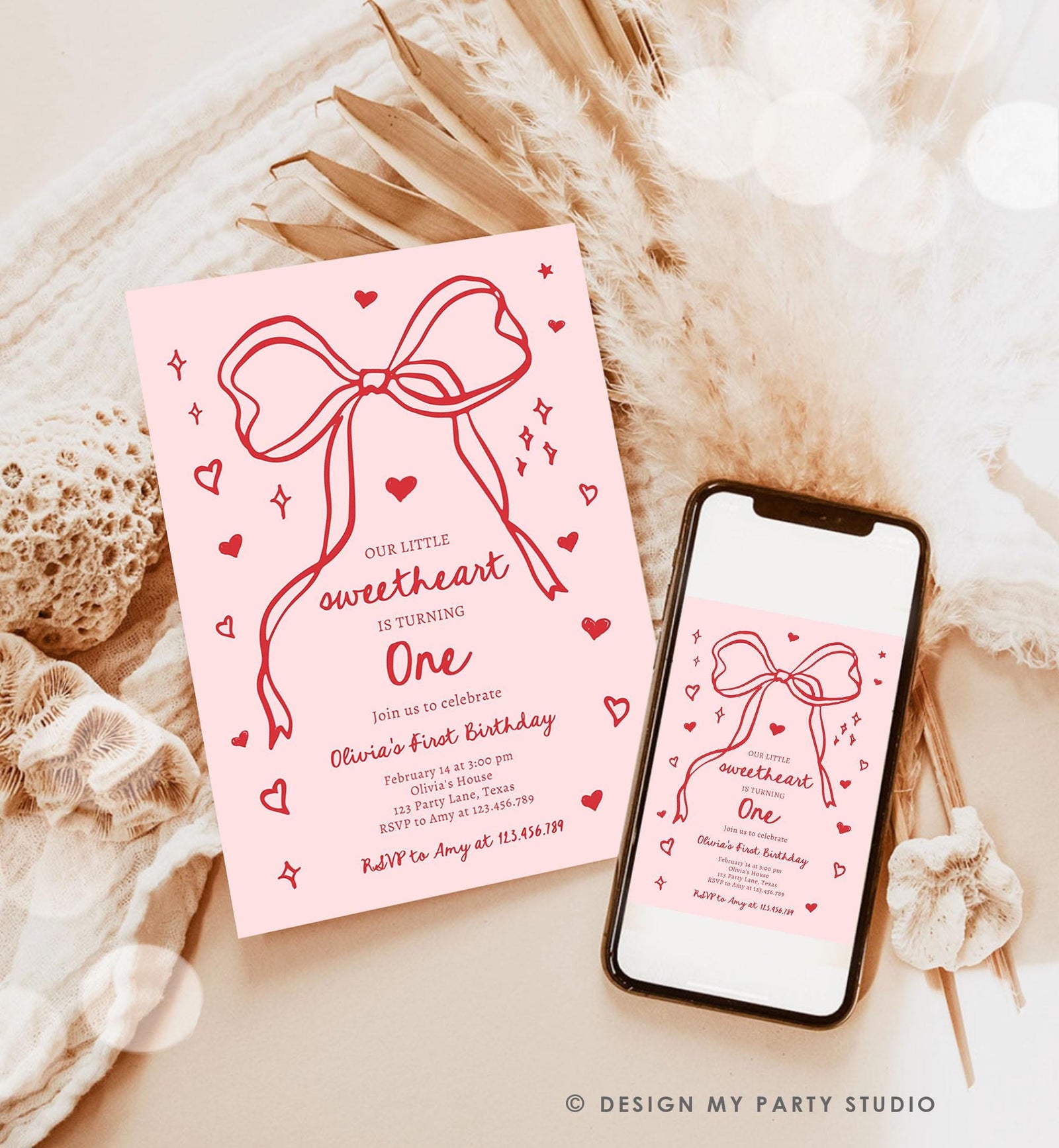 Editable Sweetheart Birthday Invitation Girls Pink Hearts Valentine Birthday 1st Hand Drawn Coquette Bow Doodle Evite Template Digital 0530