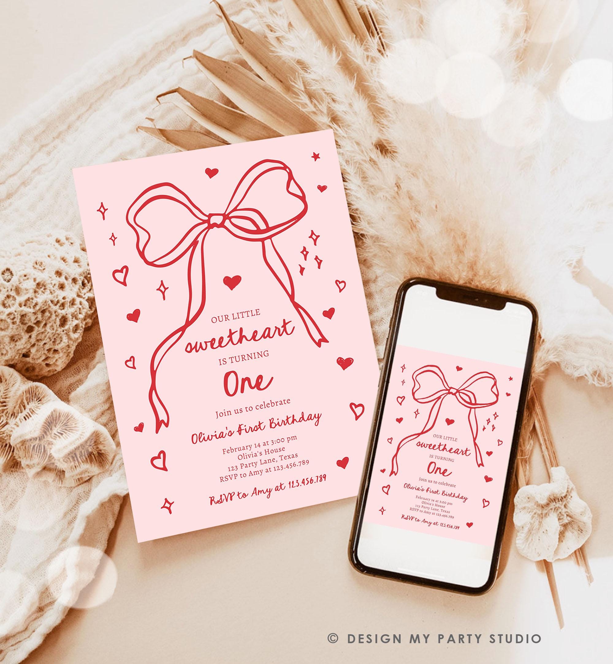 Editable Sweetheart Birthday Invitation Girls Pink Hearts Valentine Birthday 1st Hand Drawn Coquette Bow Doodle Evite Template Digital 0530
