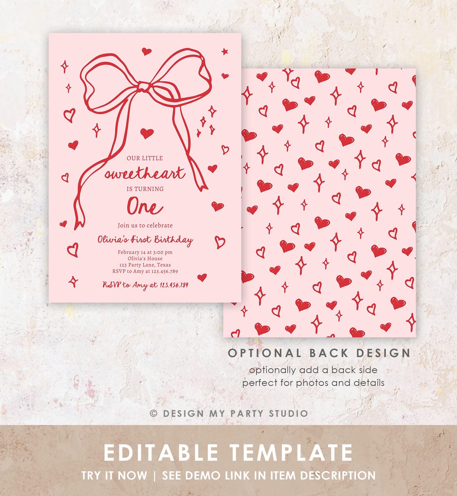 Editable Sweetheart Birthday Invitation Girls Pink Hearts Valentine Birthday 1st Hand Drawn Coquette Bow Doodle Evite Template Digital 0530