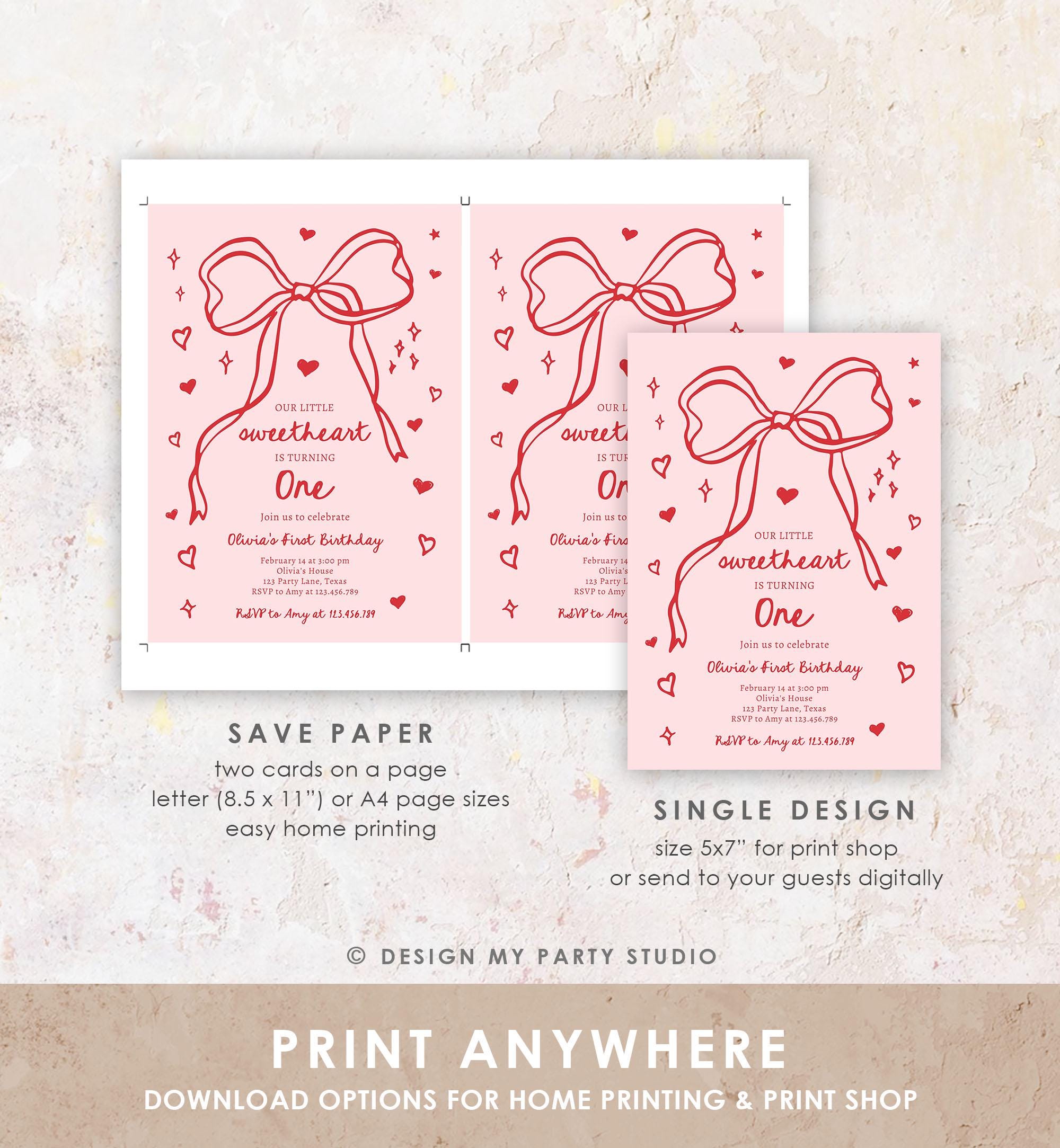 Editable Sweetheart Birthday Invitation Girls Pink Hearts Valentine Birthday 1st Hand Drawn Coquette Bow Doodle Evite Template Digital 0530