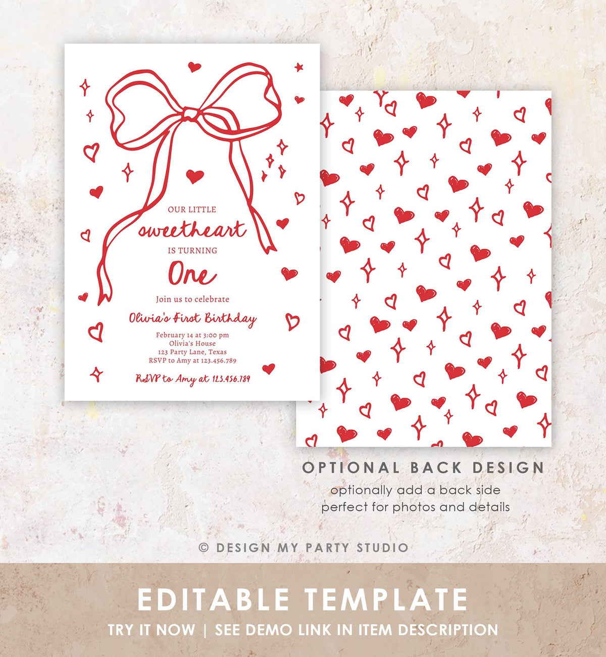 Editable Sweetheart Birthday Invitation Girls Pink Hearts Valentine Birthday 1st Hand Drawn Coquette Bow Doodle Evite Template Digital 0530