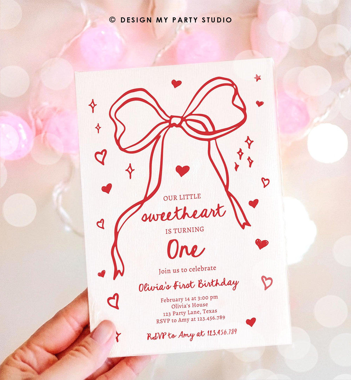 Editable Sweetheart Birthday Invitation Girls Pink Hearts Valentine Birthday 1st Hand Drawn Coquette Bow Doodle Evite Template Digital 0530