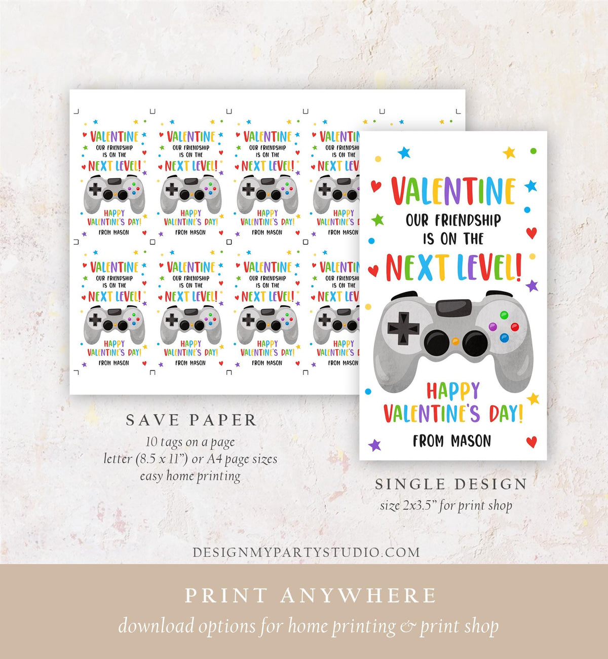 Editable Next Level Gaming Valentines Day Gift Tag Our Friendship Video Game Gamer Non-Candy Kids School Classroom Template Printable 0370