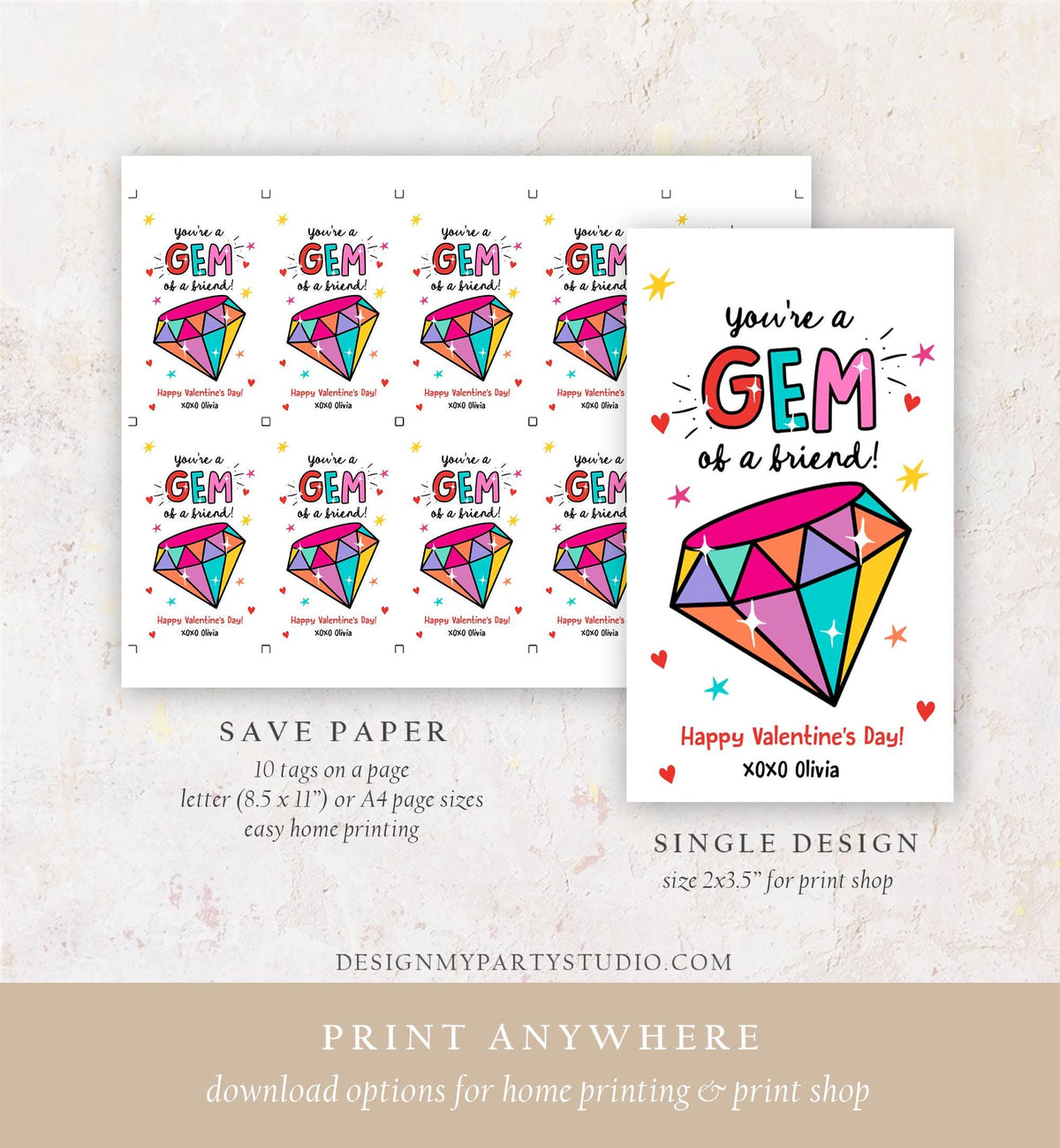 Editable Valentines Day Card You&#39;re a Gem of a Friend Classroom Valentine&#39;s Gift Tag Kids School Template Printable Digital Download 0370