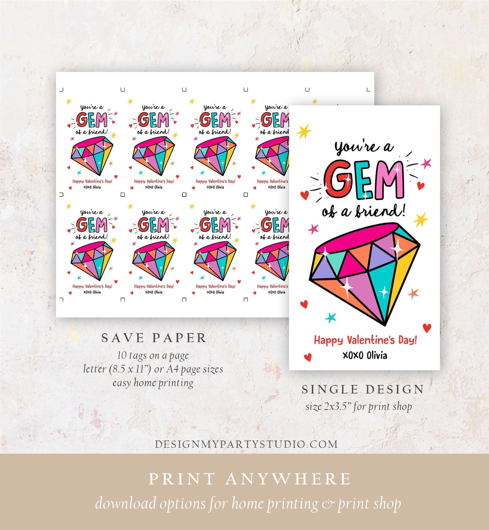 Editable Valentines Day Card You're a Gem of a Friend Classroom Valentine's Gift Tag Kids School Template Printable Digital Download 0370