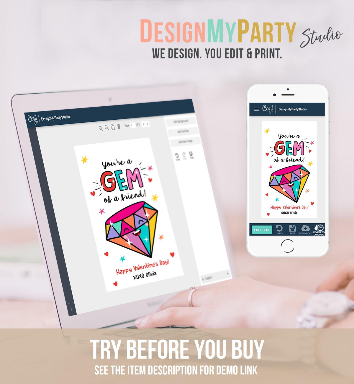 Editable Valentines Day Card You&#39;re a Gem of a Friend Classroom Valentine&#39;s Gift Tag Kids School Template Printable Digital Download 0370