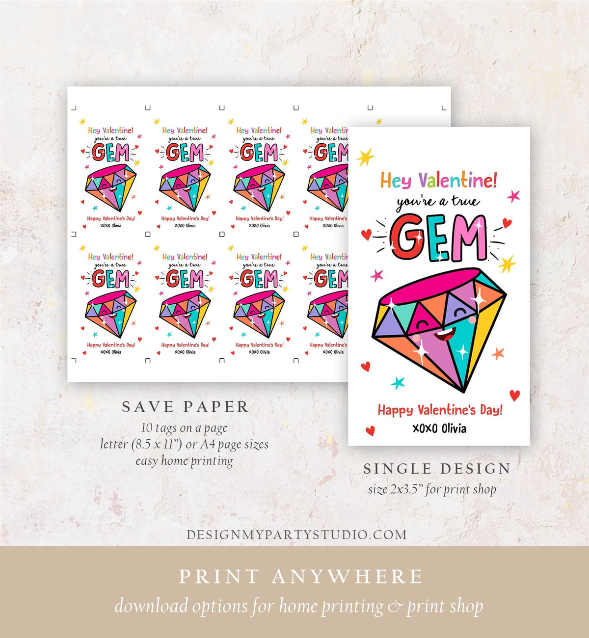 Editable Valentines Day Card You&#39;re a Gem Classroom Valentine&#39;s Gift Tag Friendship Kids School Template Printable Digital Download 0370