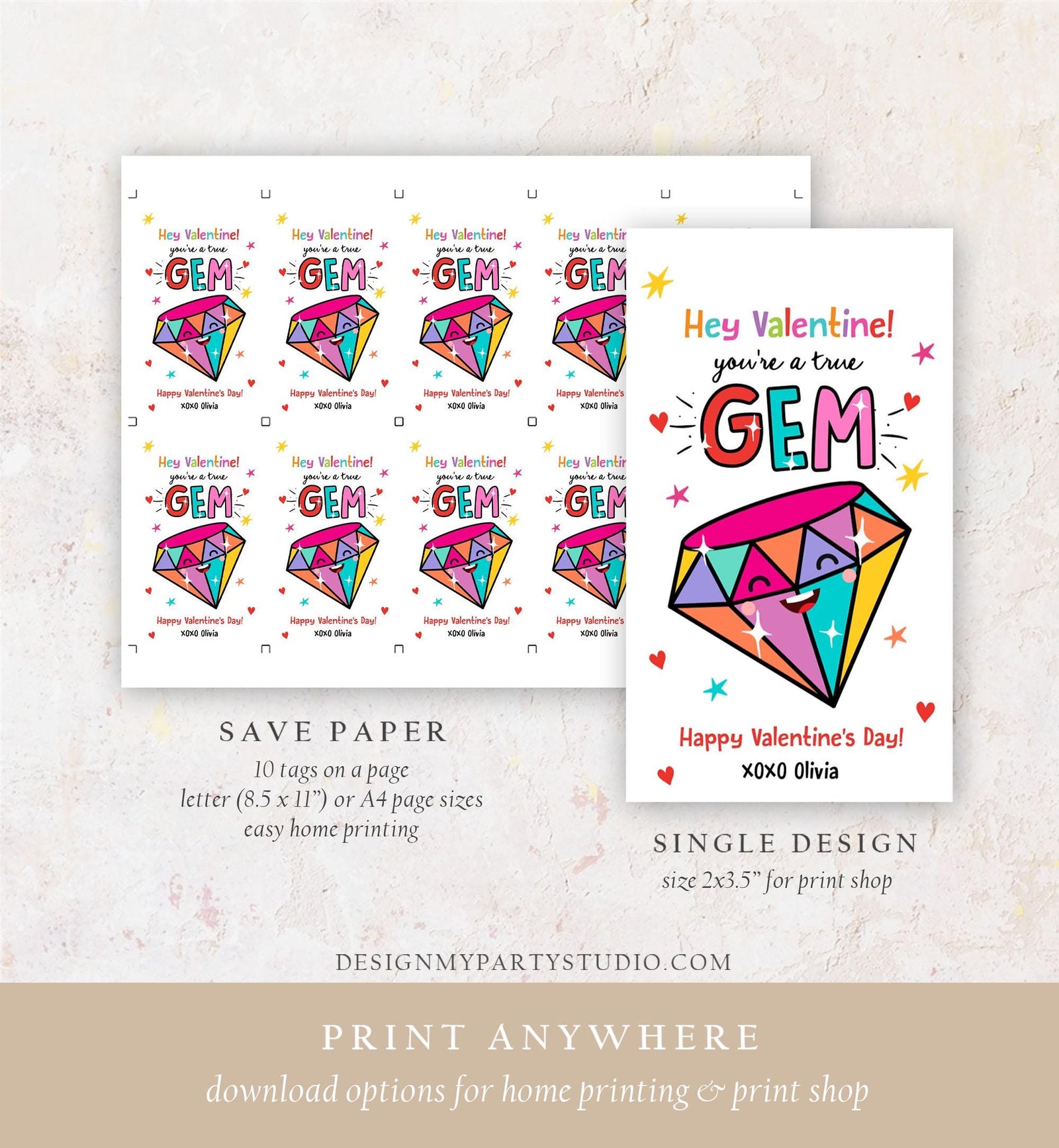 Editable Valentines Day Card You're a Gem Classroom Valentine's Gift Tag Friendship Kids School Template Printable Digital Download 0370