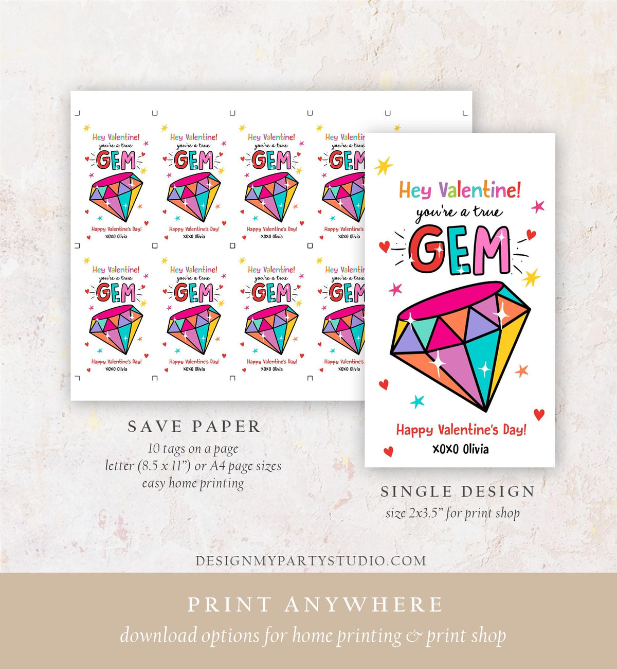 Editable Valentines Day Card You&#39;re a Gem Classroom Valentine&#39;s Gift Tag Friendship Kids School Template Printable Digital Download 0370