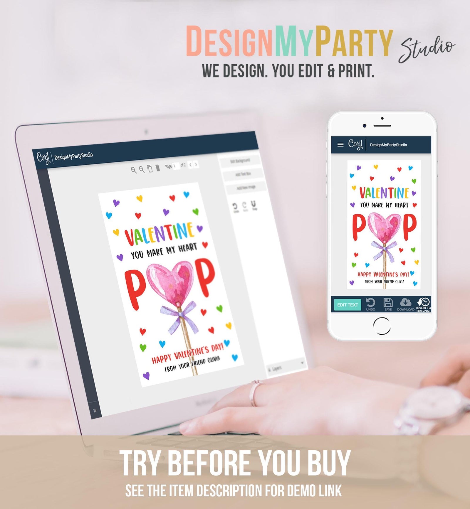 Editable Lollipop Valentines Tag Valentine's Day Gift Tag You Make My Heart Pop Sucker Kids School Classroom Digital Template Printable 0370