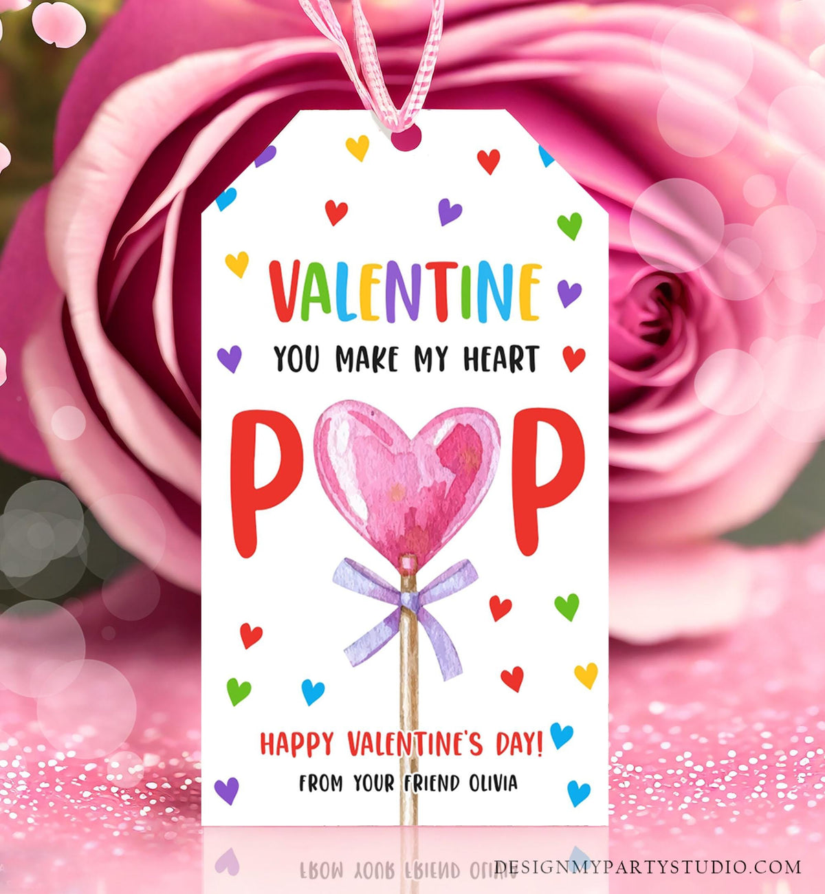 Editable Lollipop Valentines Tag Valentine&#39;s Day Gift Tag You Make My Heart Pop Sucker Kids School Classroom Digital Template Printable 0370