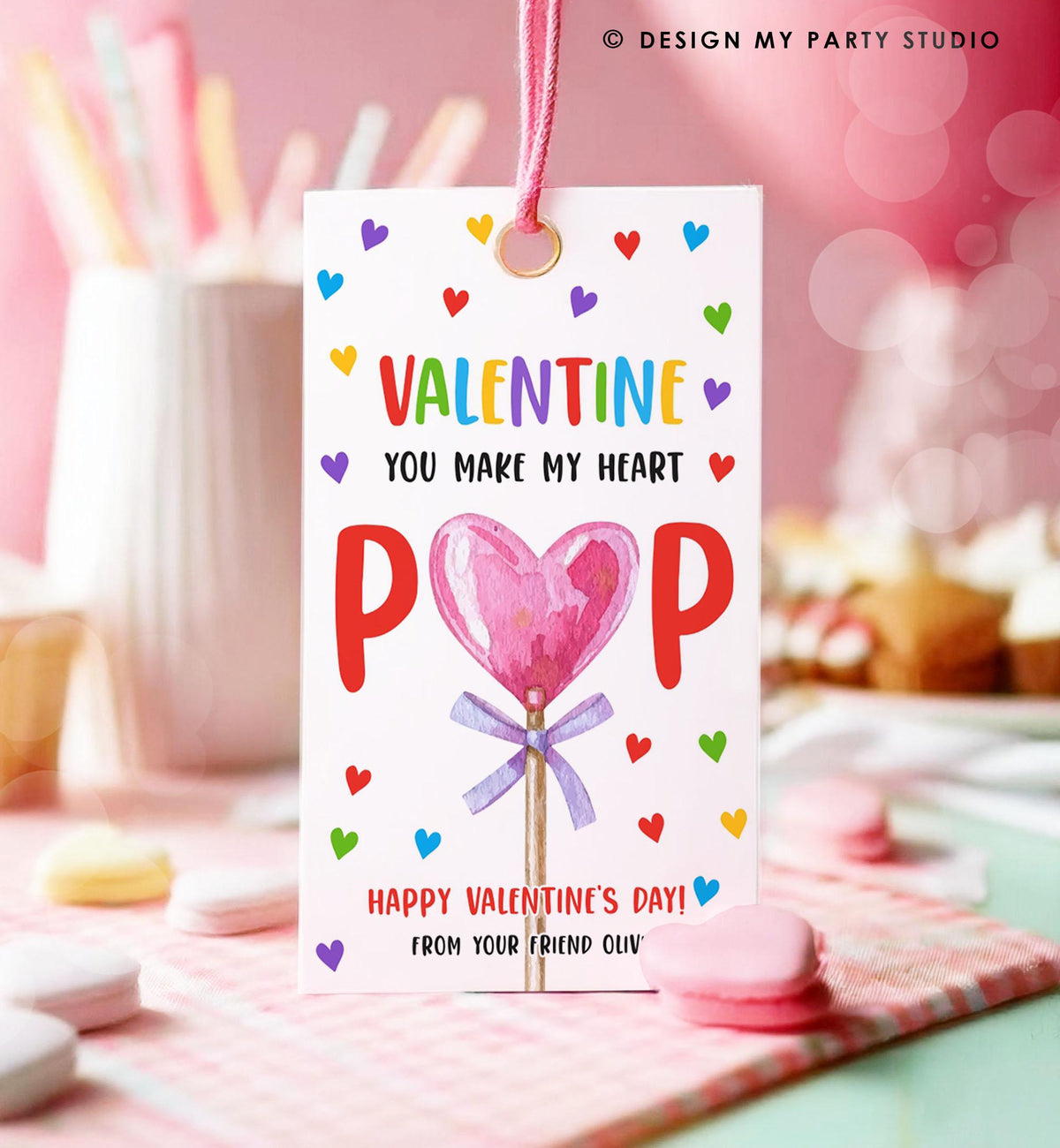 Editable Lollipop Valentines Tag Valentine&#39;s Day Gift Tag You Make My Heart Pop Sucker Kids School Classroom Digital Template Printable 0370