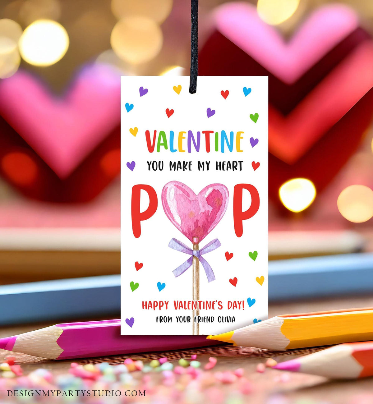 Editable Lollipop Valentines Tag Valentine&#39;s Day Gift Tag You Make My Heart Pop Sucker Kids School Classroom Digital Template Printable 0370