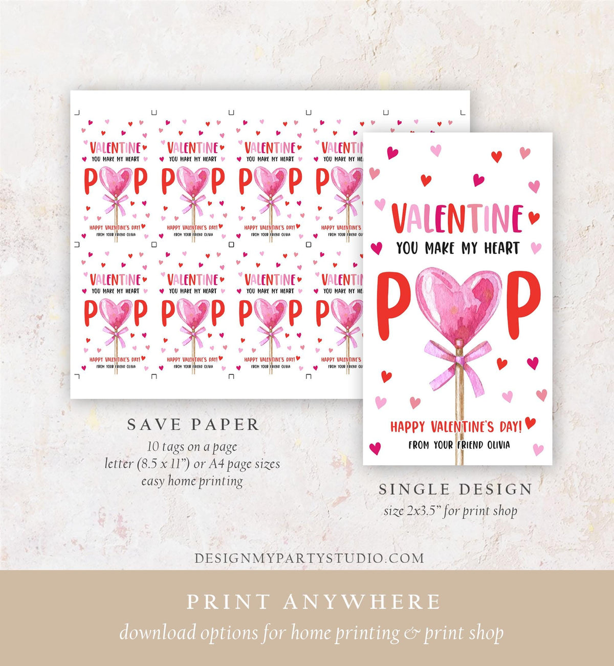 Editable Lollipop Valentines Tag Valentine&#39;s Day Gift Tag You Make My Heart Pop Sucker Kids School Classroom Digital Template Printable 0370