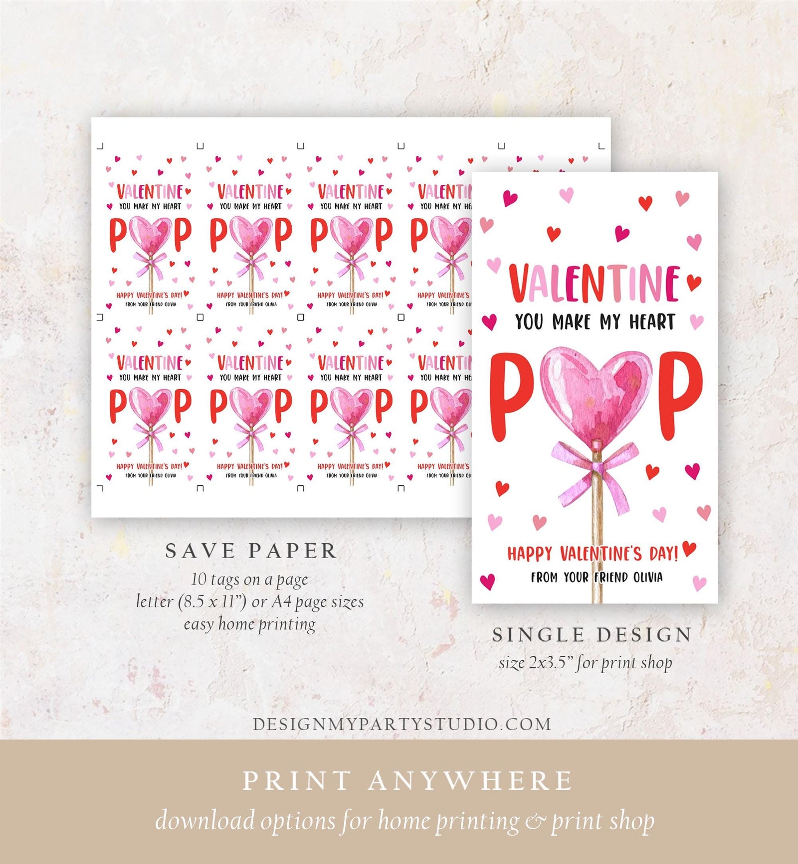 Editable Lollipop Valentines Tag Valentine's Day Gift Tag You Make My Heart Pop Sucker Kids School Classroom Digital Template Printable 0370