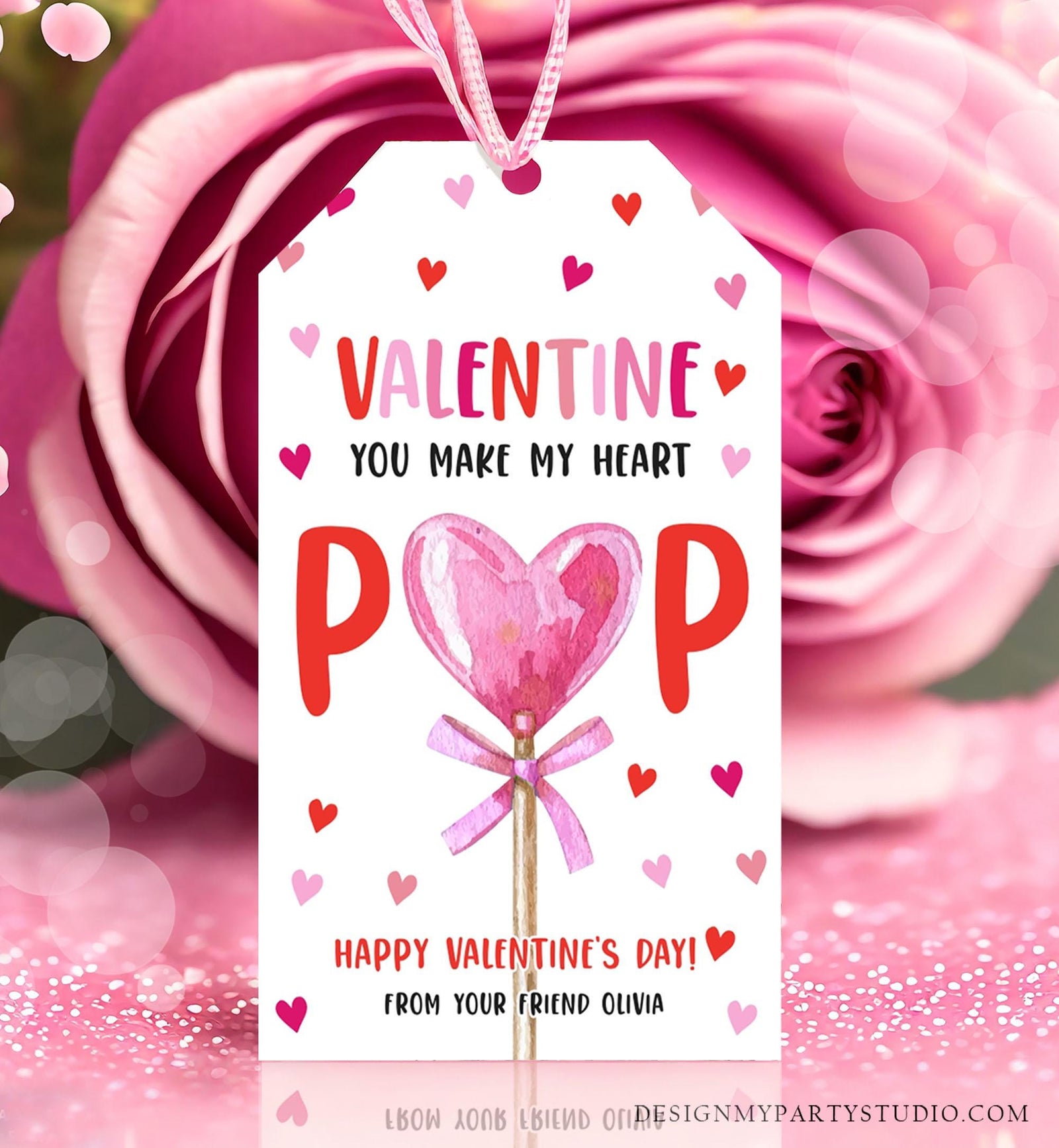 Editable Lollipop Valentines Tag Valentine's Day Gift Tag You Make My Heart Pop Sucker Kids School Classroom Digital Template Printable 0370