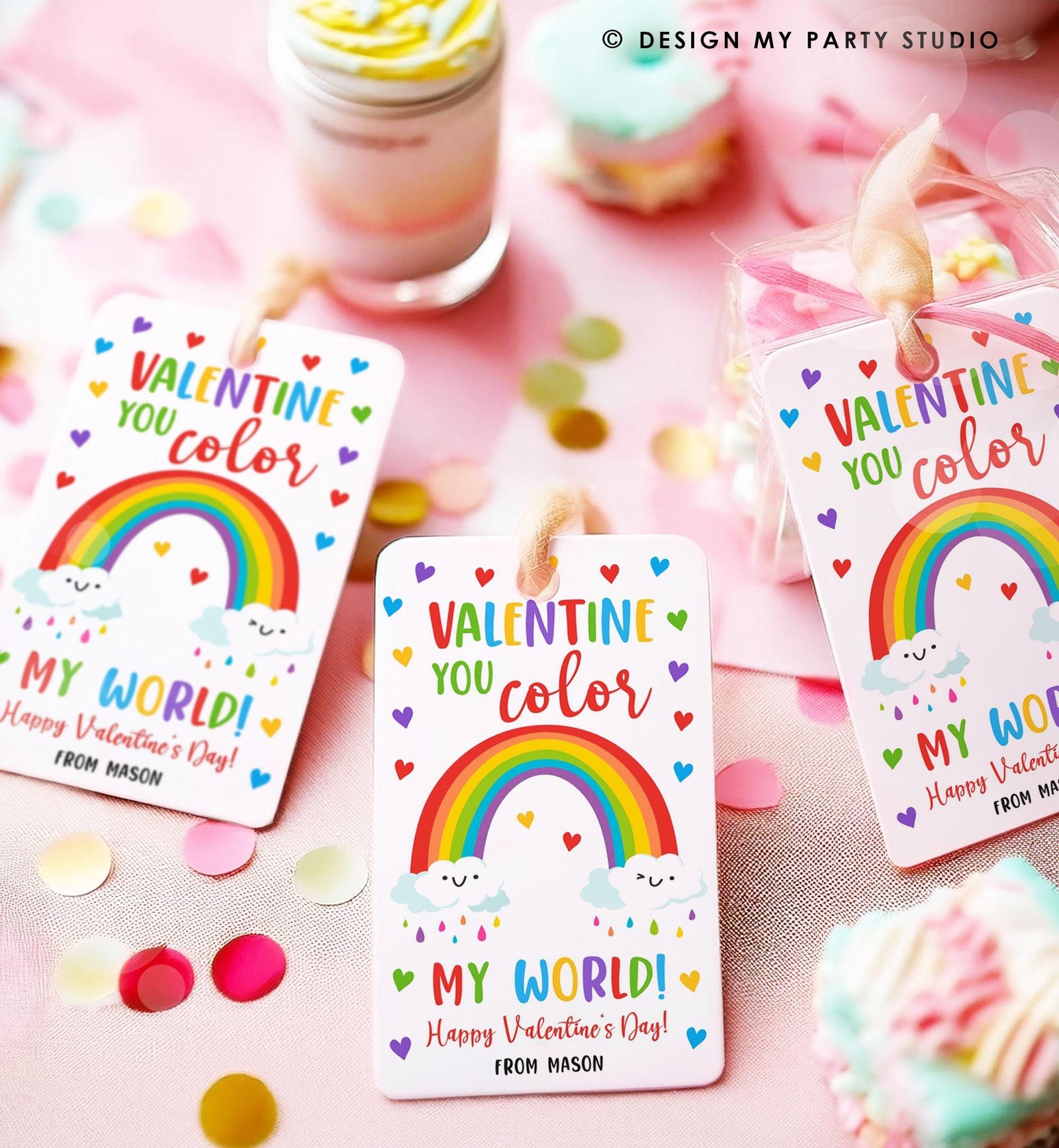 Editable Rainbow Valentine's Day Gift Tag You Color My World Valentine Card Crayon Classroom School Digital Download Template Printable 0370