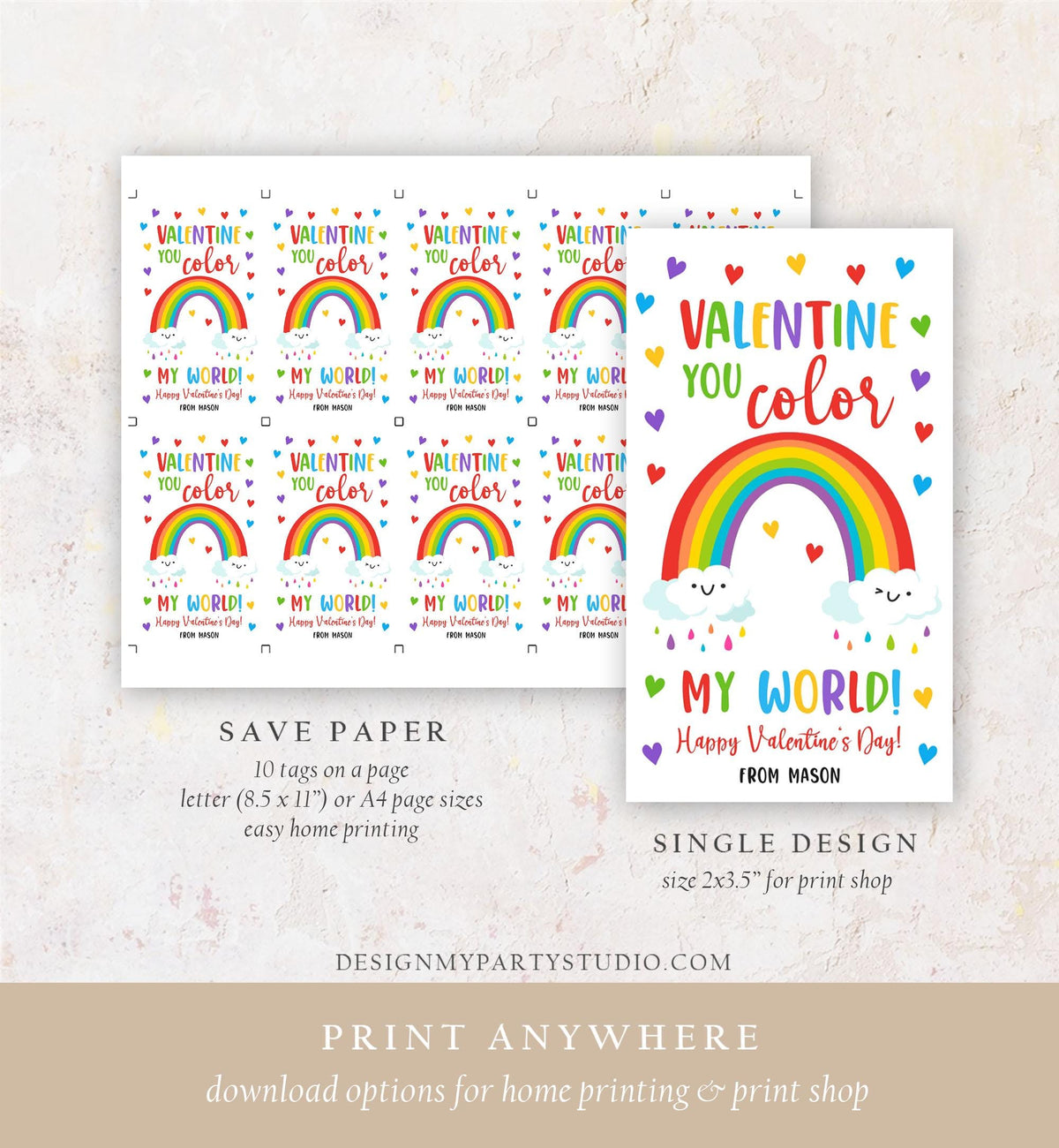 Editable Rainbow Valentine&#39;s Day Gift Tag You Color My World Valentine Card Crayon Classroom School Digital Download Template Printable 0370